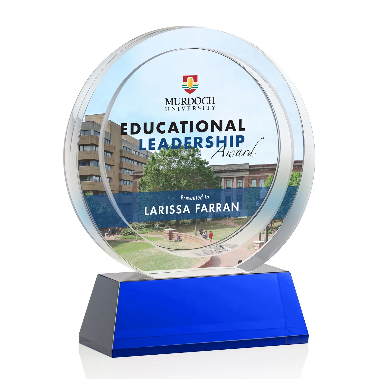 Custom printed Optical Crystal Circle Award with a Recessed Halo Center for retirement presentations