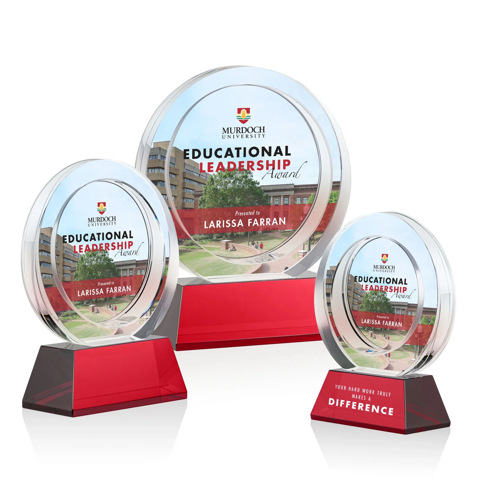 Custom printed Optical Crystal Circle Award with a Recessed Halo Center for team milestone celebrations
