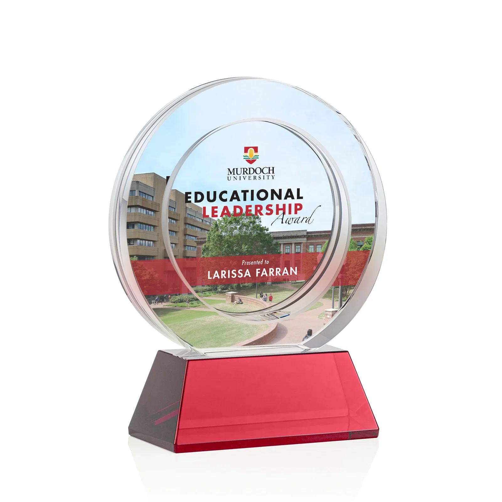 Custom printed Optical Crystal Circle Award with a Recessed Halo Center for donor appreciation