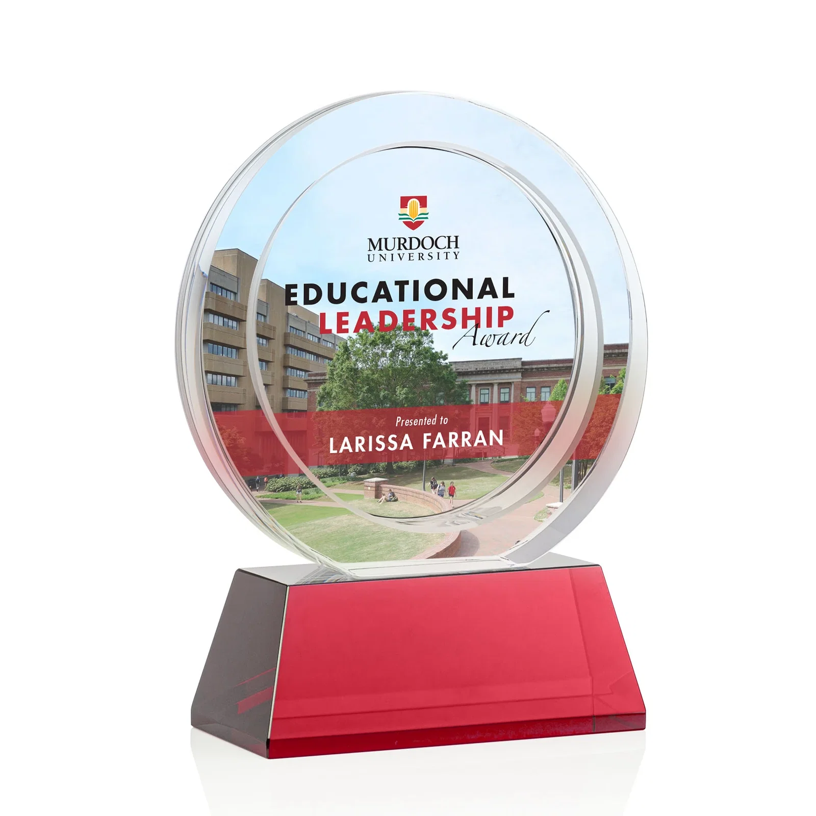 Custom printed Optical Crystal Circle Award with a Recessed Halo Center for graduation ceremonies