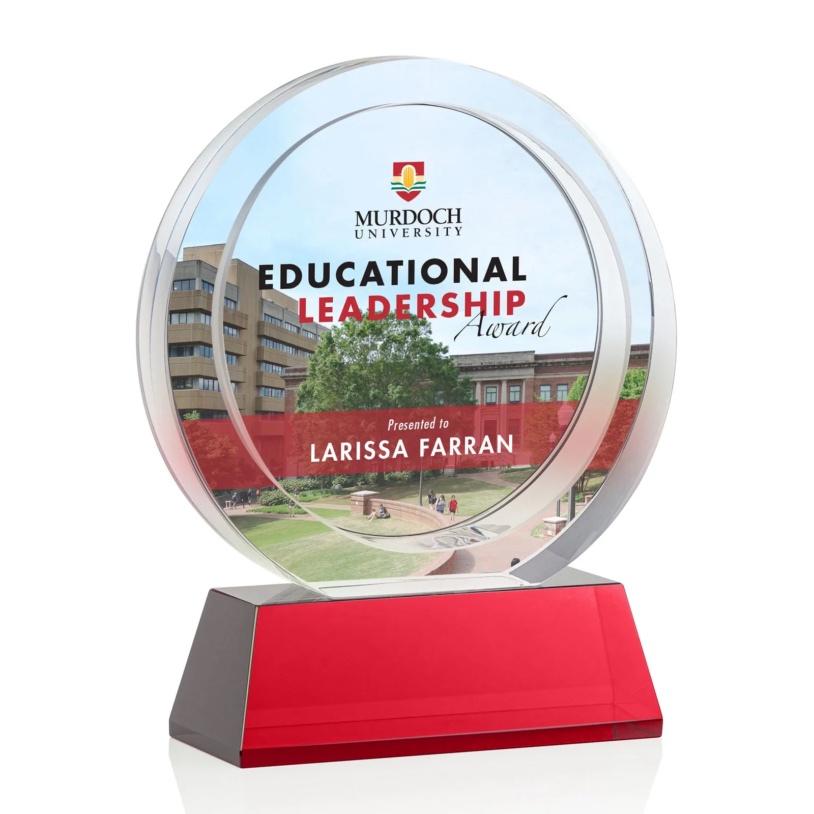 Custom printed Optical Crystal Circle Award with a Recessed Halo Center for safety achievement programs