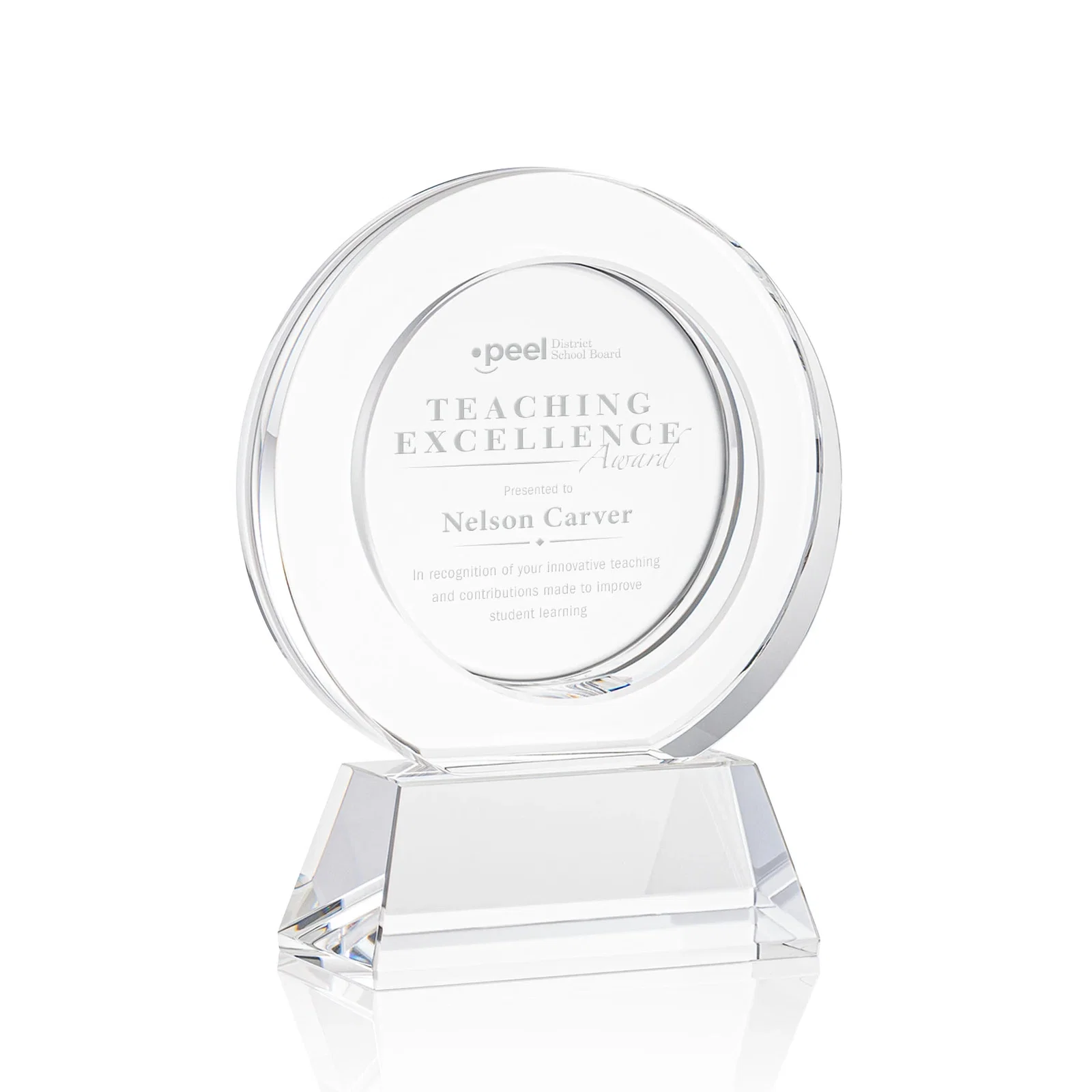 Custom Optical Crystal Circle Award with a Recessed Halo Center for donor appreciation