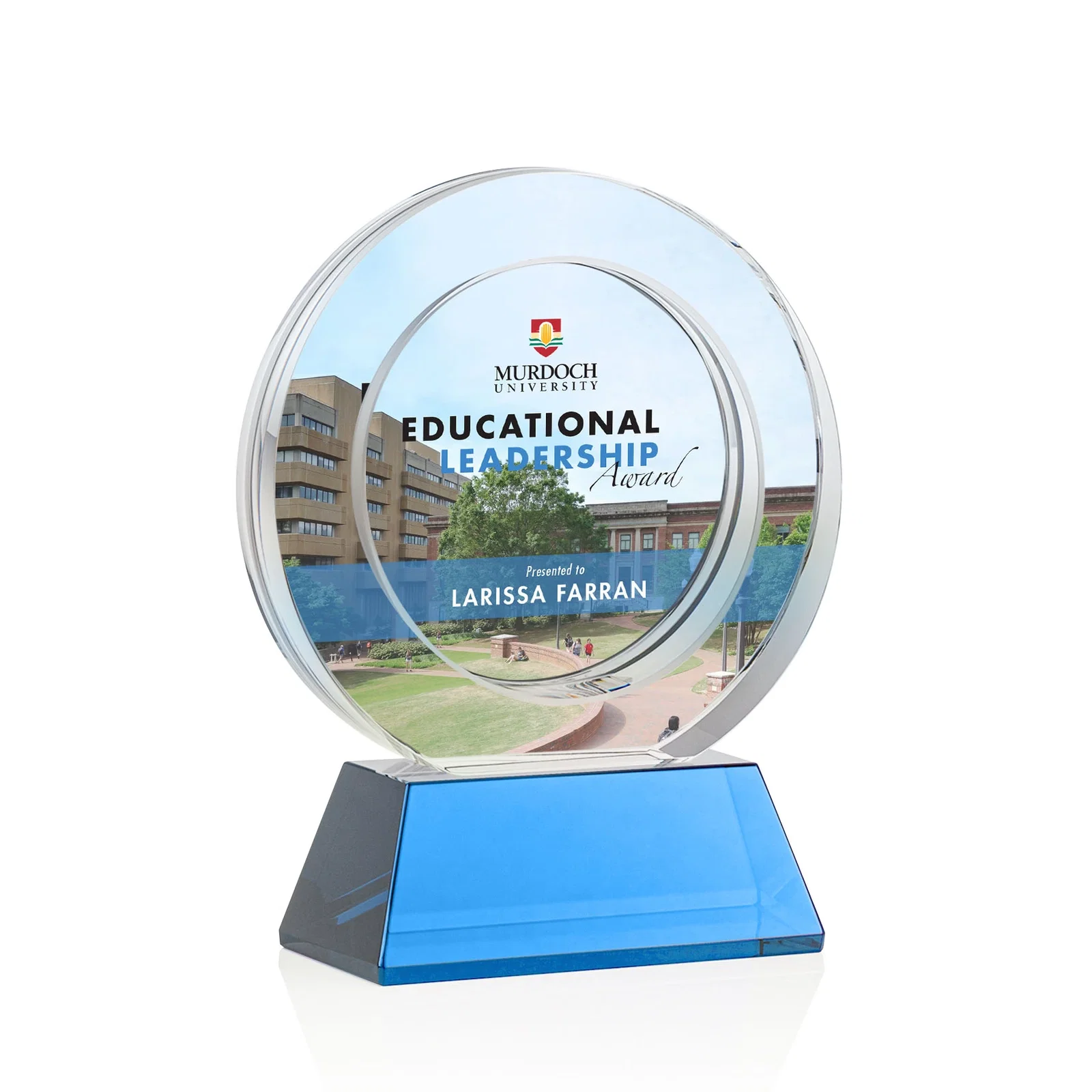 Custom printed Optical Crystal Circle Award with a Recessed Halo Center for dealer and partner awards