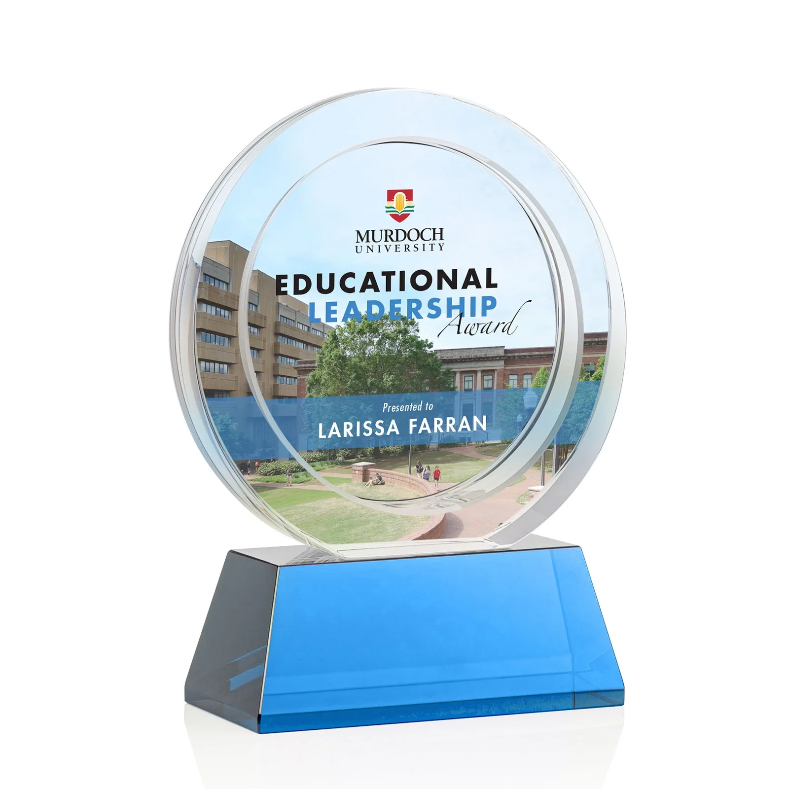 Custom printed Optical Crystal Circle Award with a Recessed Halo Center for company anniversary events