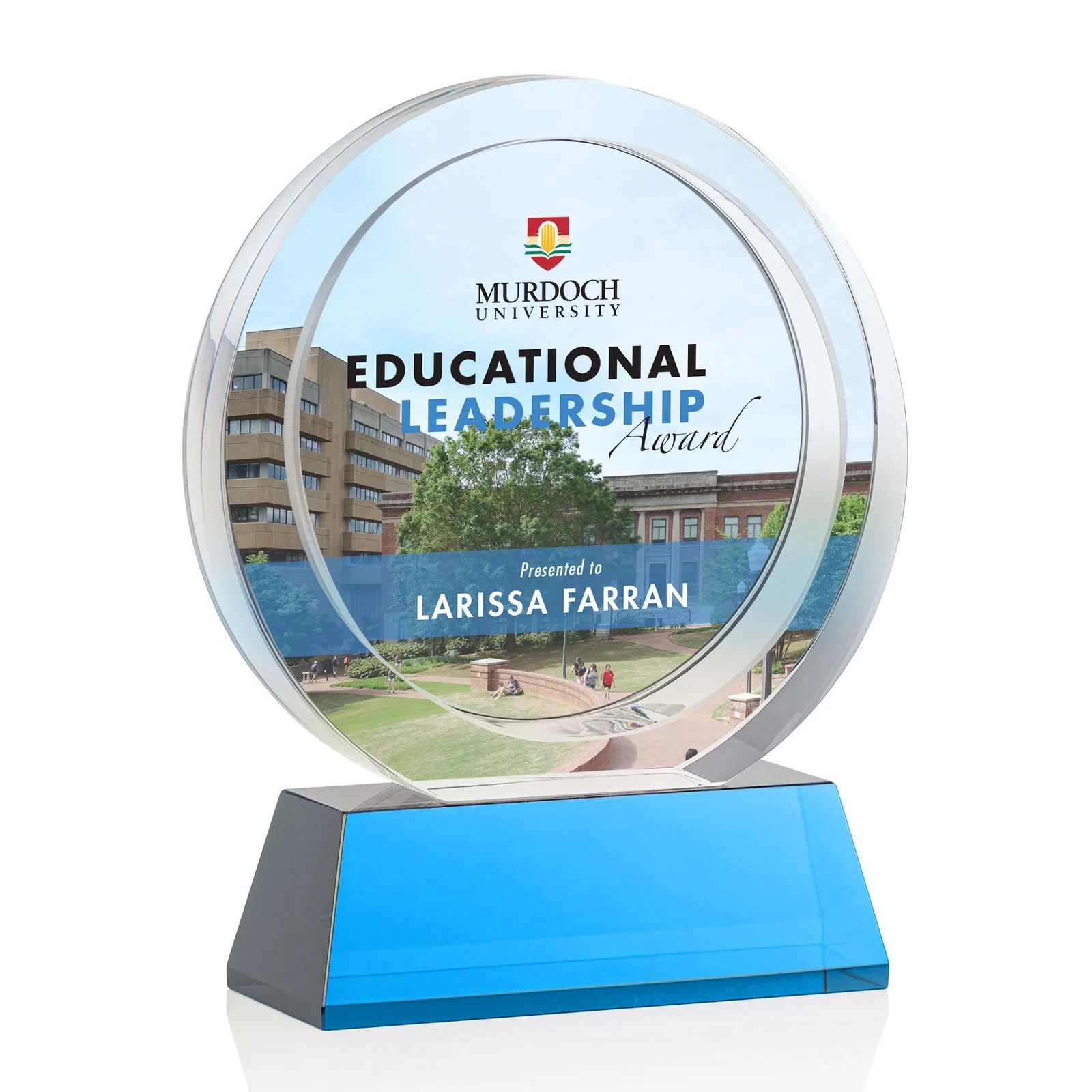 Customized Optical Crystal Circle Award with a Recessed Halo Center for employee recognition