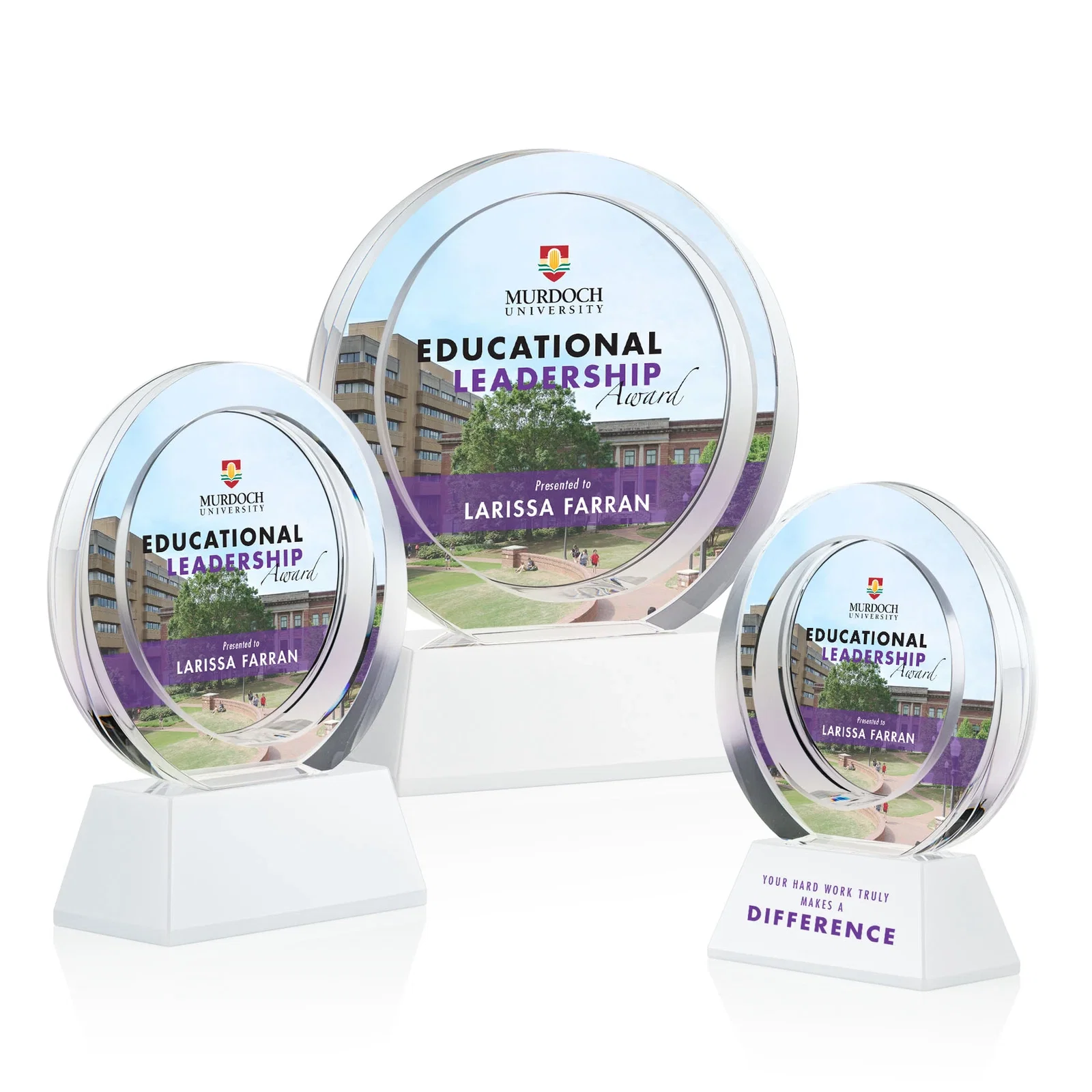 Customized Optical Crystal Circle Award with a Recessed Halo Center for corporate award ceremonies