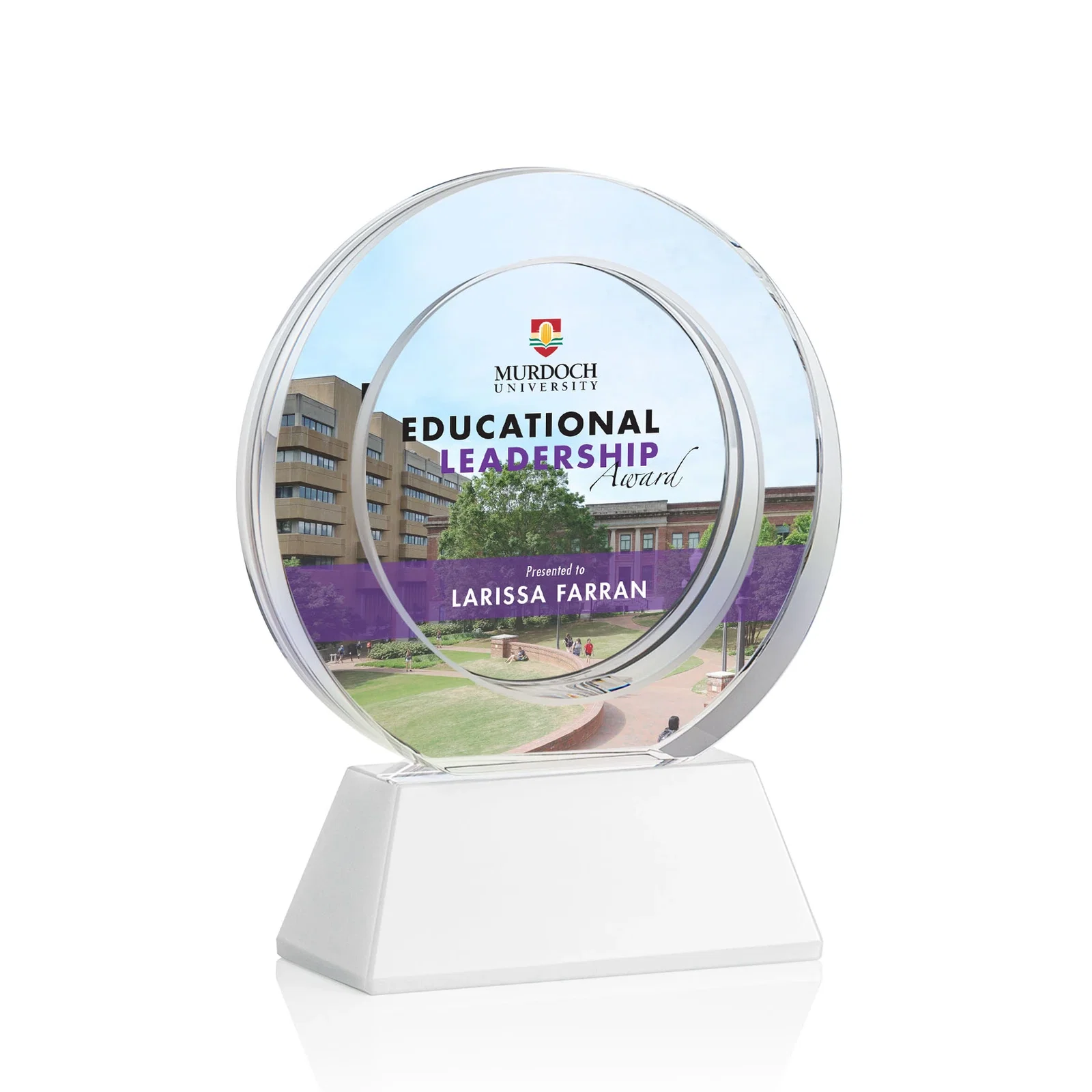 Customized Optical Crystal Circle Award with a Recessed Halo Center for service anniversary gifts