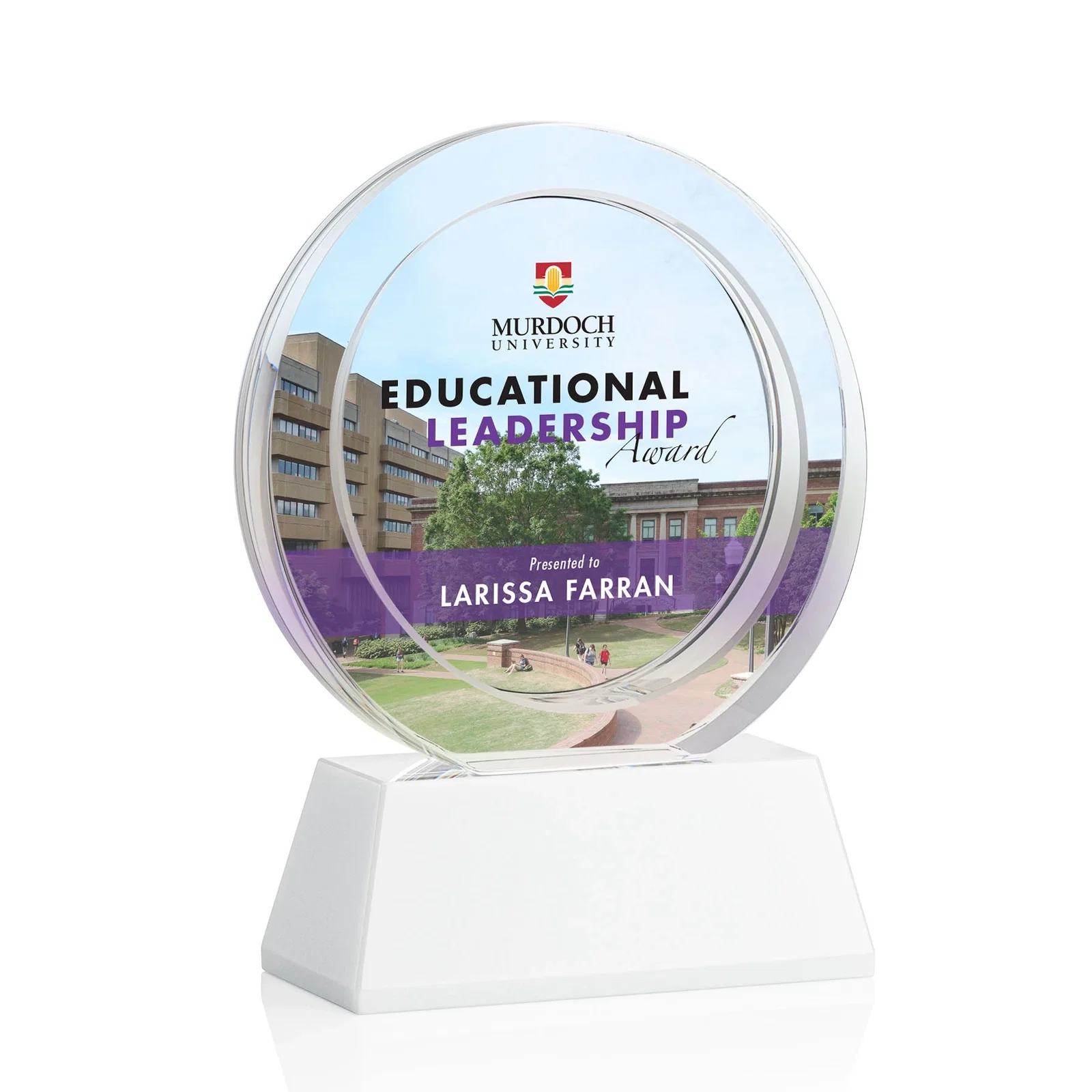 Customized Optical Crystal Circle Award with a Recessed Halo Center for sales achievement awards