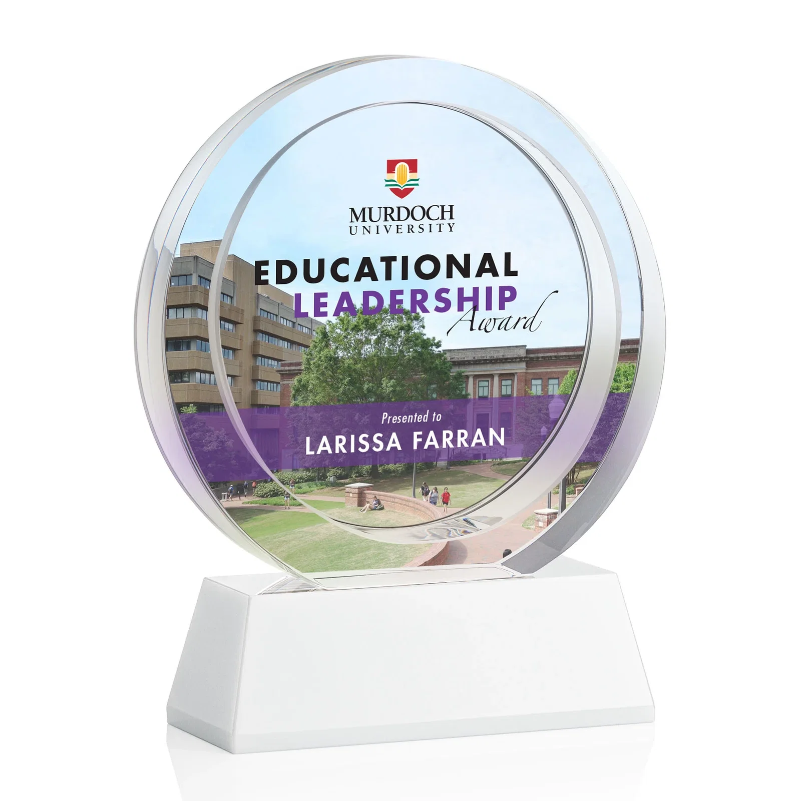 Customized Optical Crystal Circle Award with a Recessed Halo Center for retirement presentations