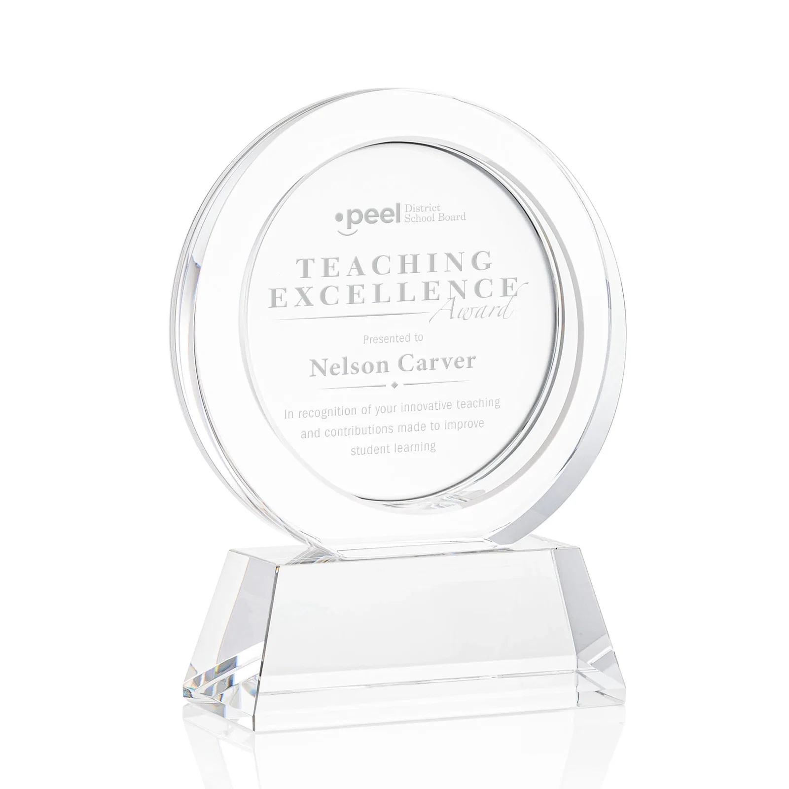 Custom Optical Crystal Circle Award with a Recessed Halo Center for graduation ceremonies