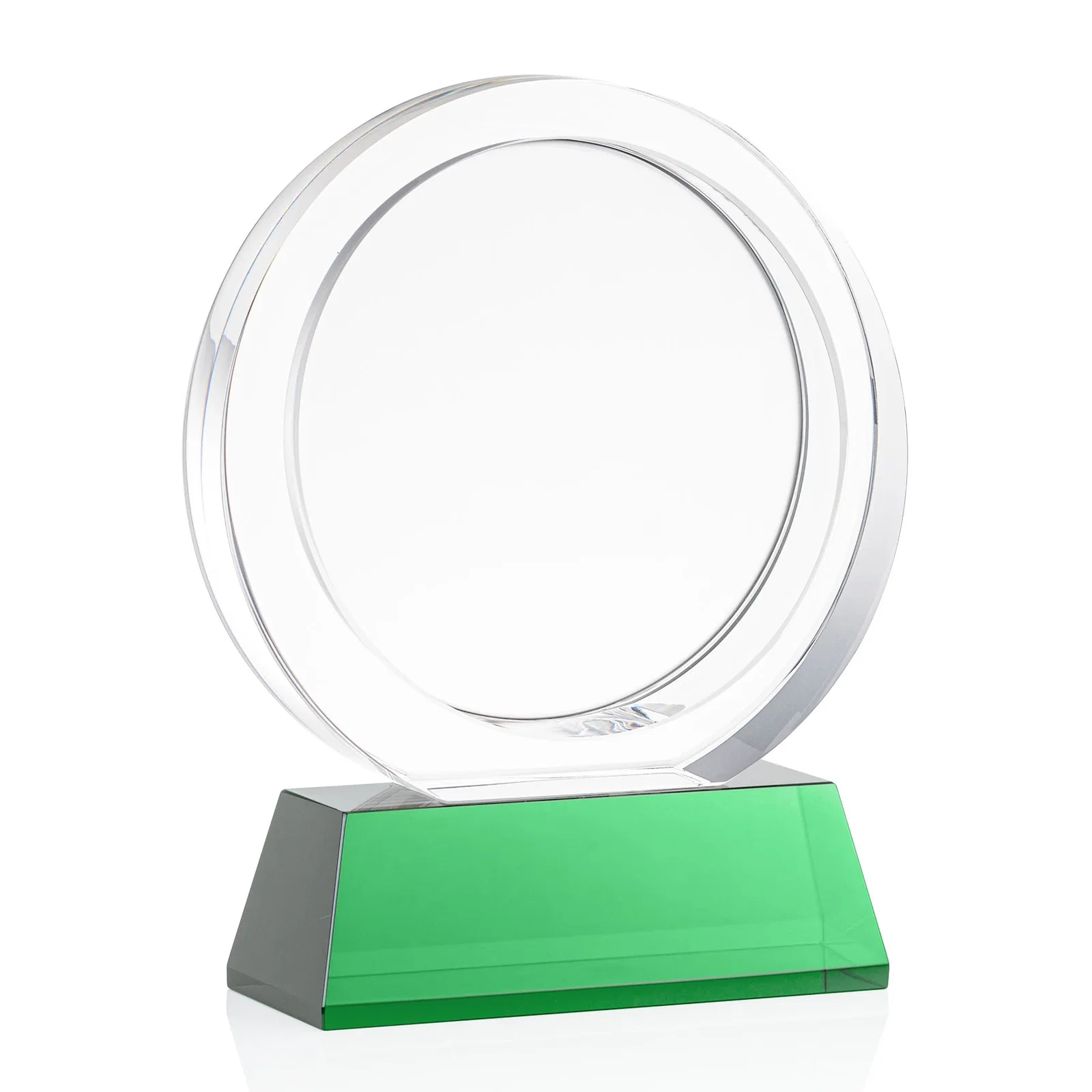Custom engraved Optical Crystal Circle Award with a Recessed Halo Center for corporate award ceremonies