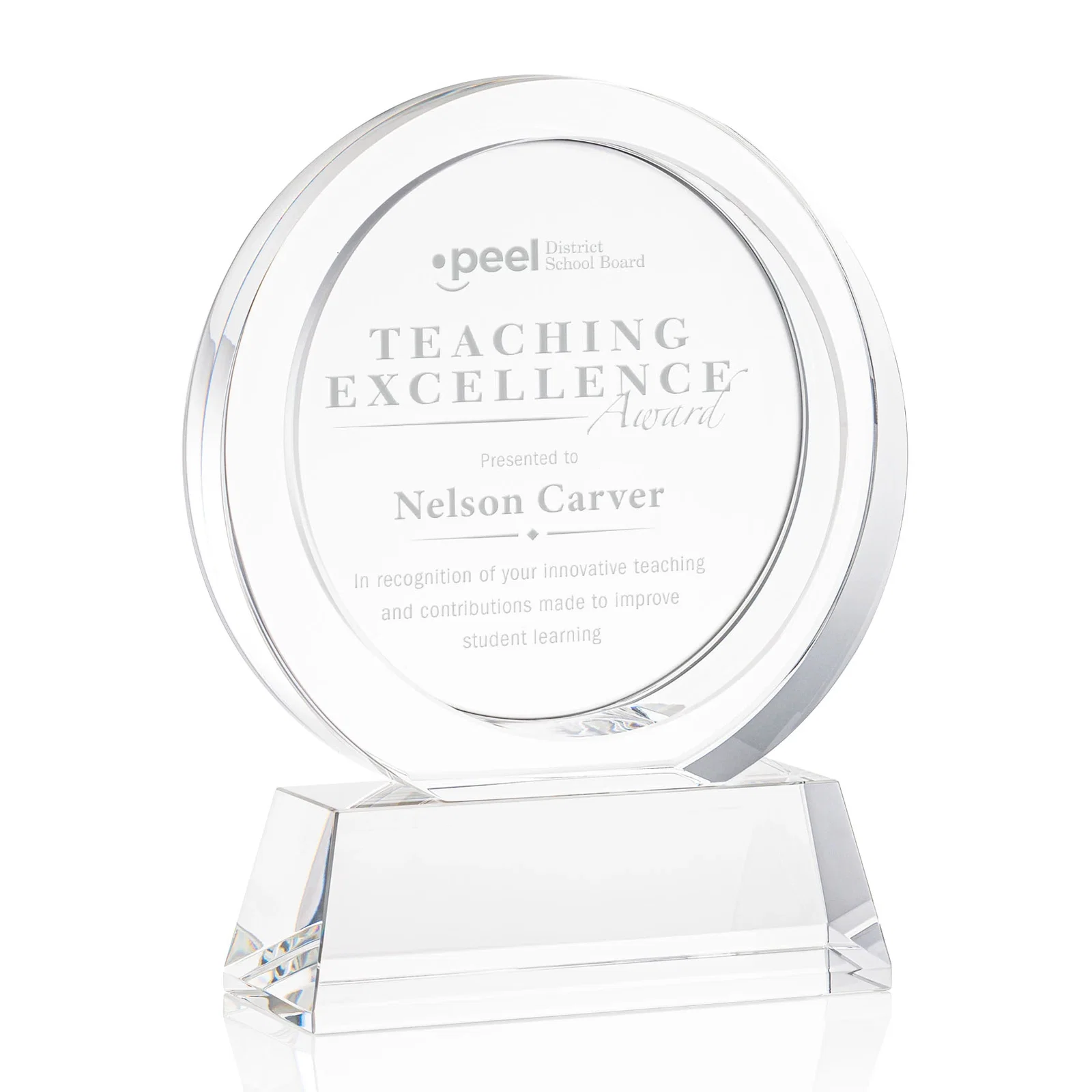 Custom Optical Crystal Circle Award with a Recessed Halo Center for safety achievement programs