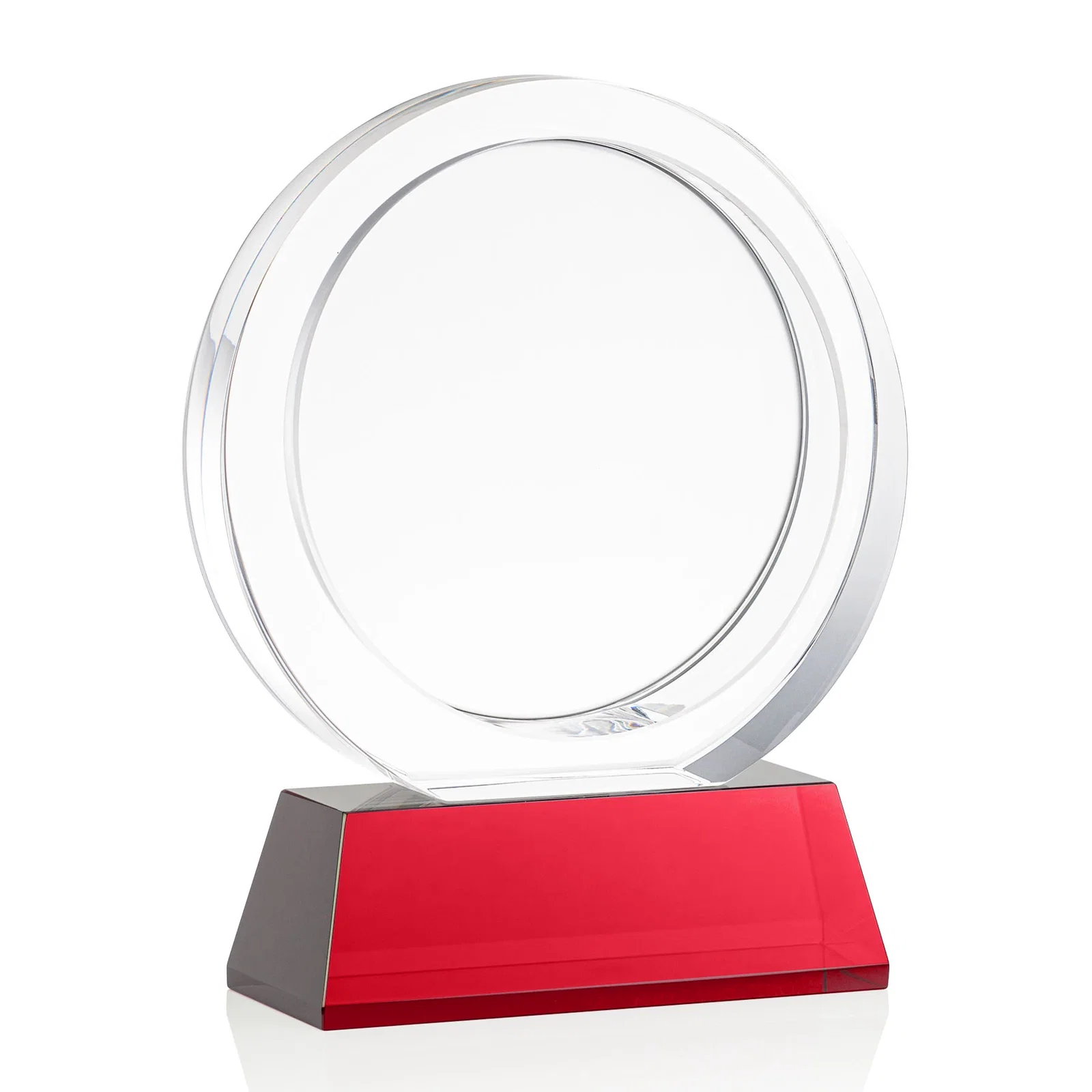 Custom engraved Optical Crystal Circle Award with a Recessed Halo Center for dealer and partner awards