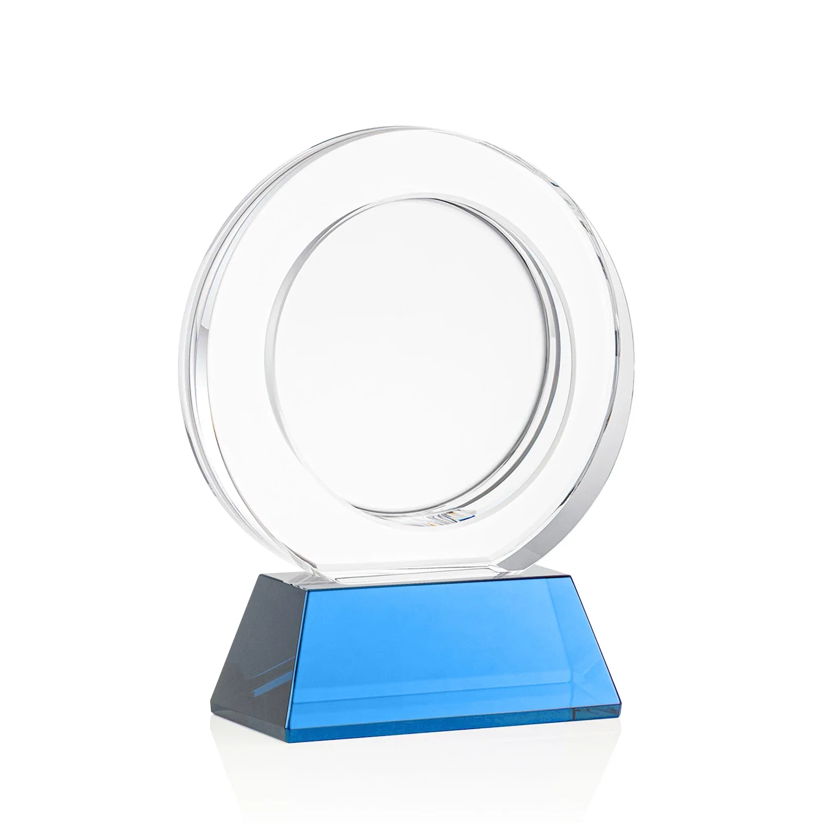 Custom engraved Optical Crystal Circle Award with a Recessed Halo Center for company anniversary events