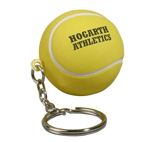 Tennis ball stress reliever keychain with custom logo, branded squeeze toy clipped to keys