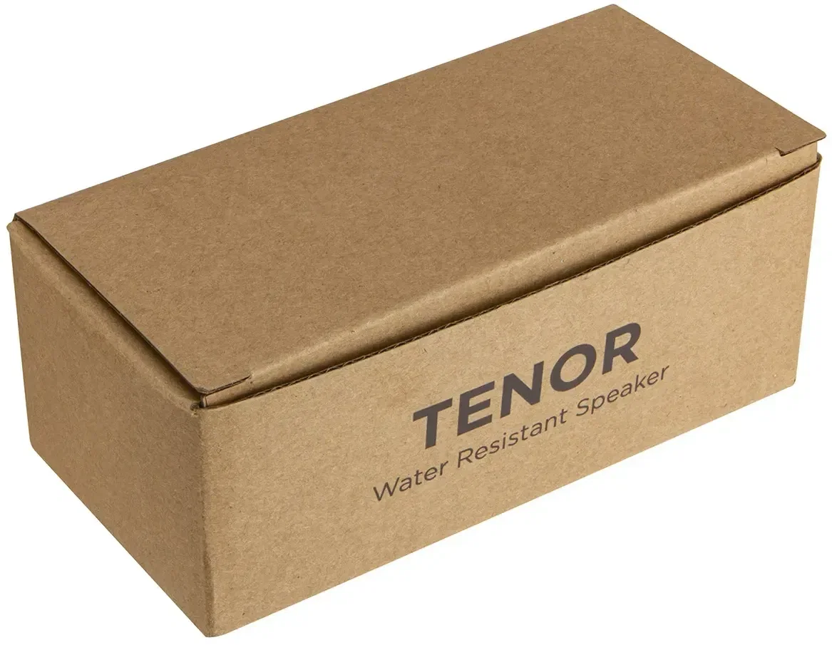 Branded Tenor IPX5 waterproof Bluetooth speaker, side detail of the promotional custom giveaway