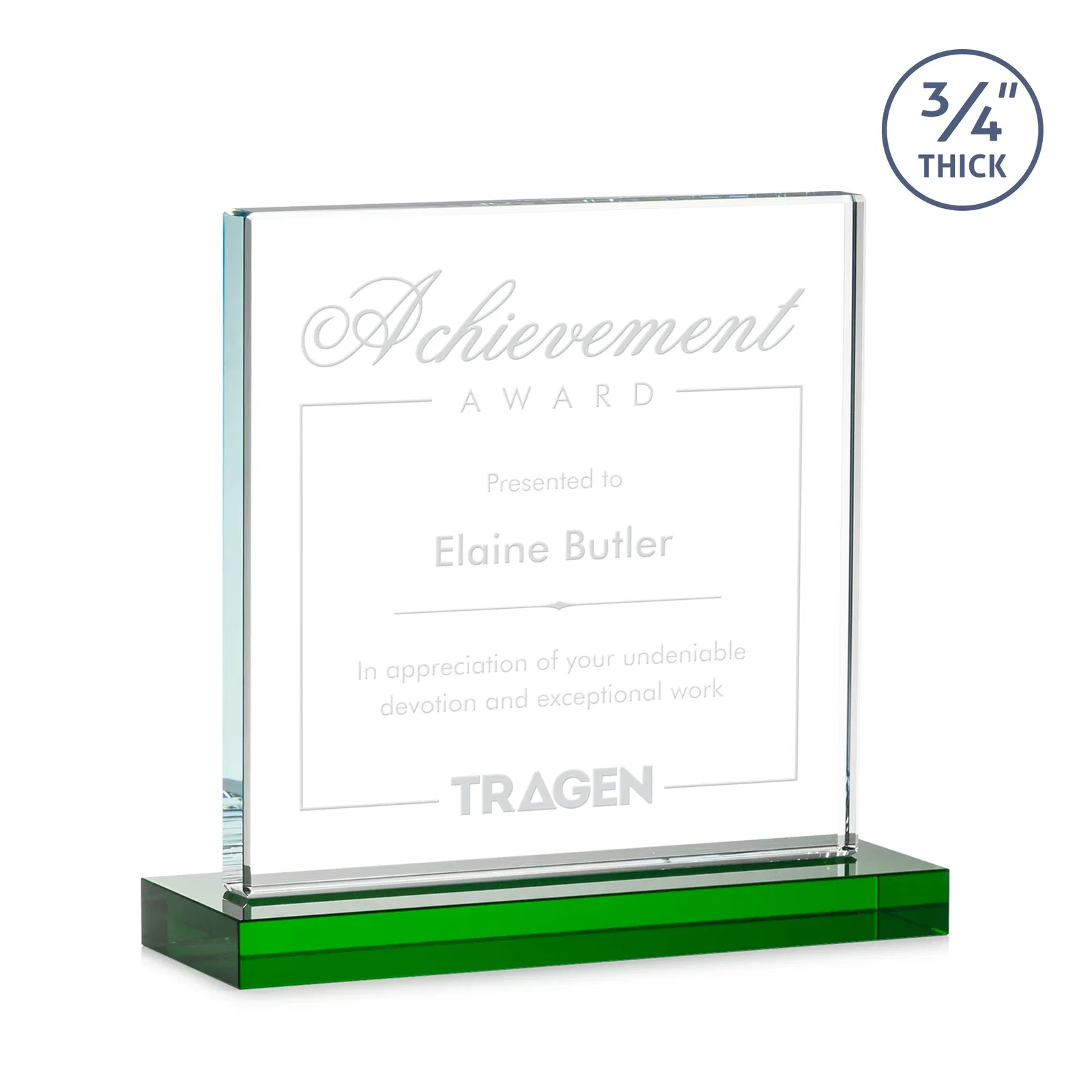 Personalized Jade Glass Square Award With Continuous Matching Base for volunteer appreciation