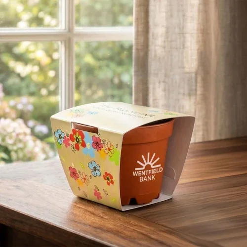 Terra cotta Wee planter with sprouting seedling, promotional grow kit detail