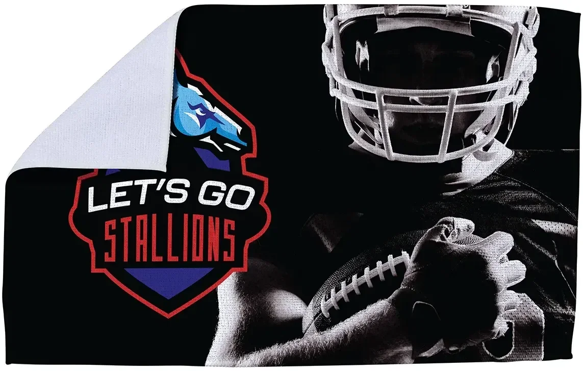 Custom terry microfiber rally towel waved by fans, branded dye-sublimated game-day towel