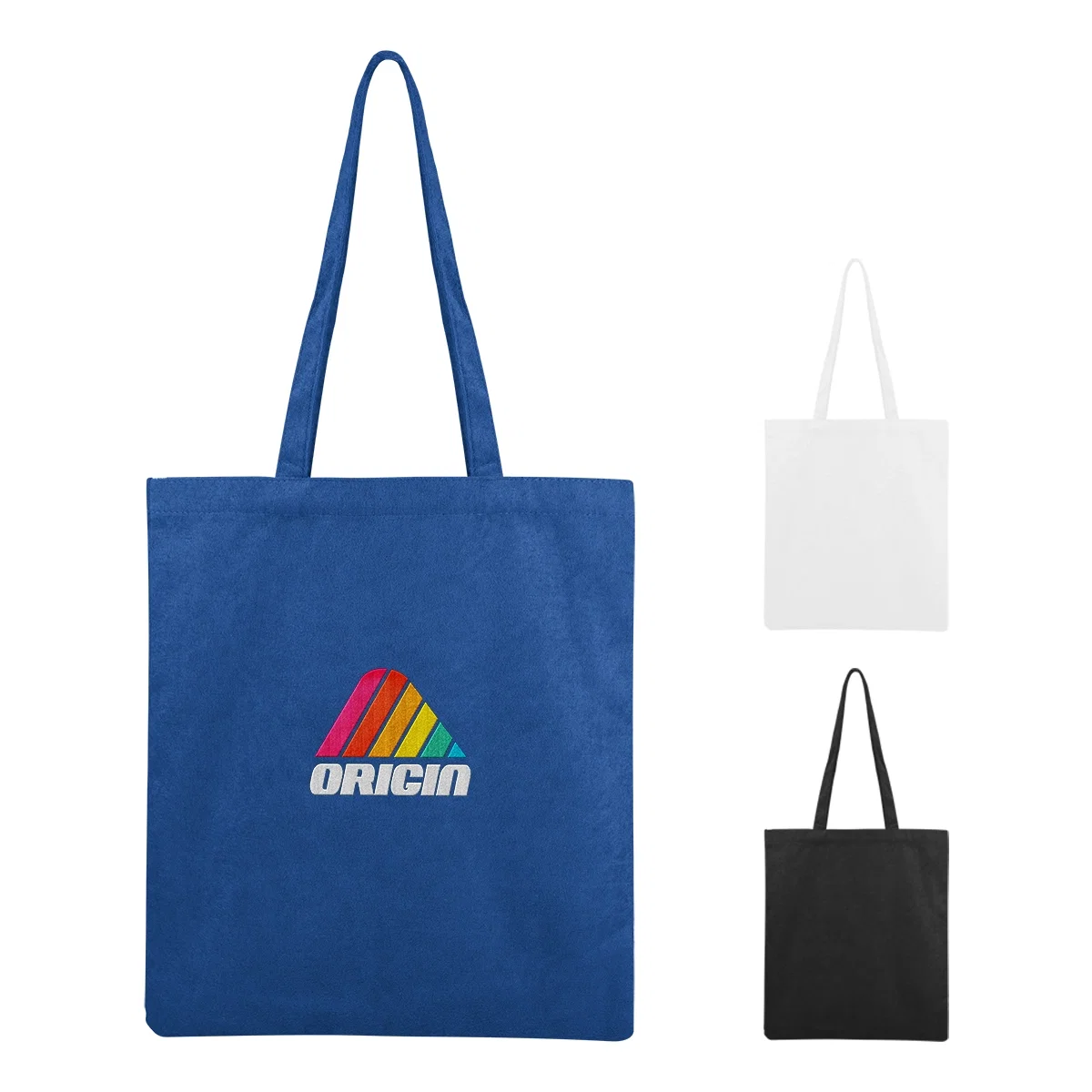 Terry tote bag standing upright with both handles up