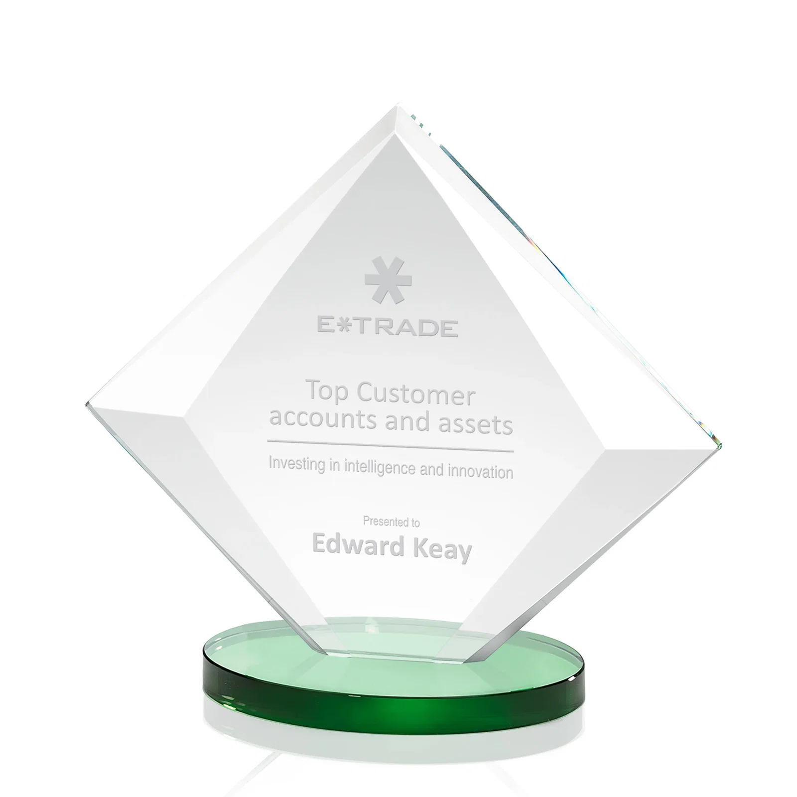 Custom Starfire Crystal Diamond Award on a Broad-Beveled Round Base for dealer and partner awards
