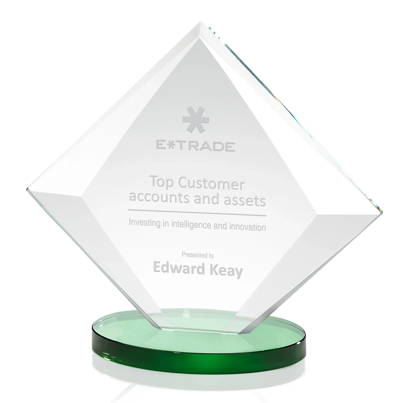 Personalized Starfire Crystal Diamond Award on a Broad-Beveled Round Base for employee recognition