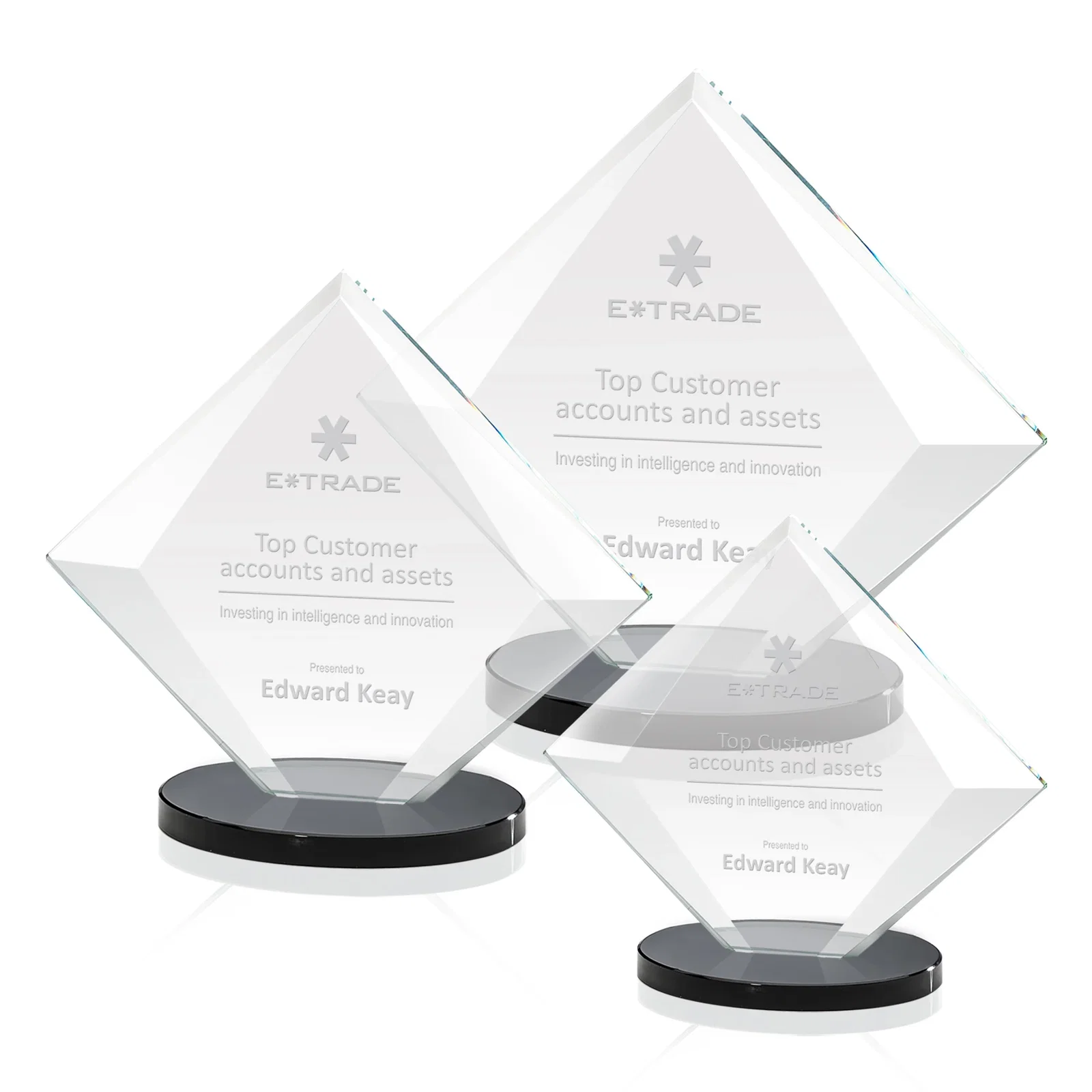Personalized Starfire Crystal Diamond Award on a Broad-Beveled Round Base for corporate award ceremonies