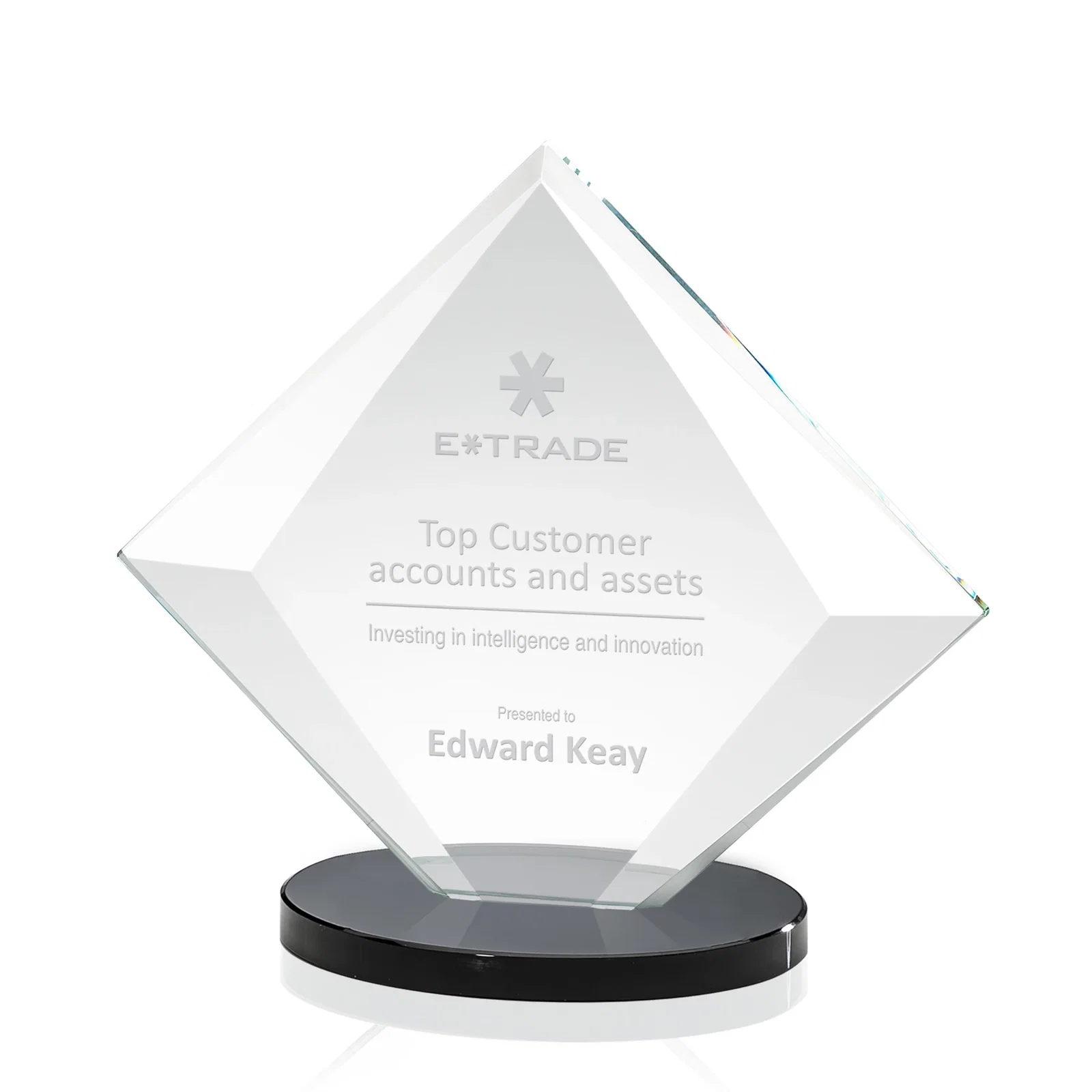 Personalized Starfire Crystal Diamond Award on a Broad-Beveled Round Base for service anniversary gifts