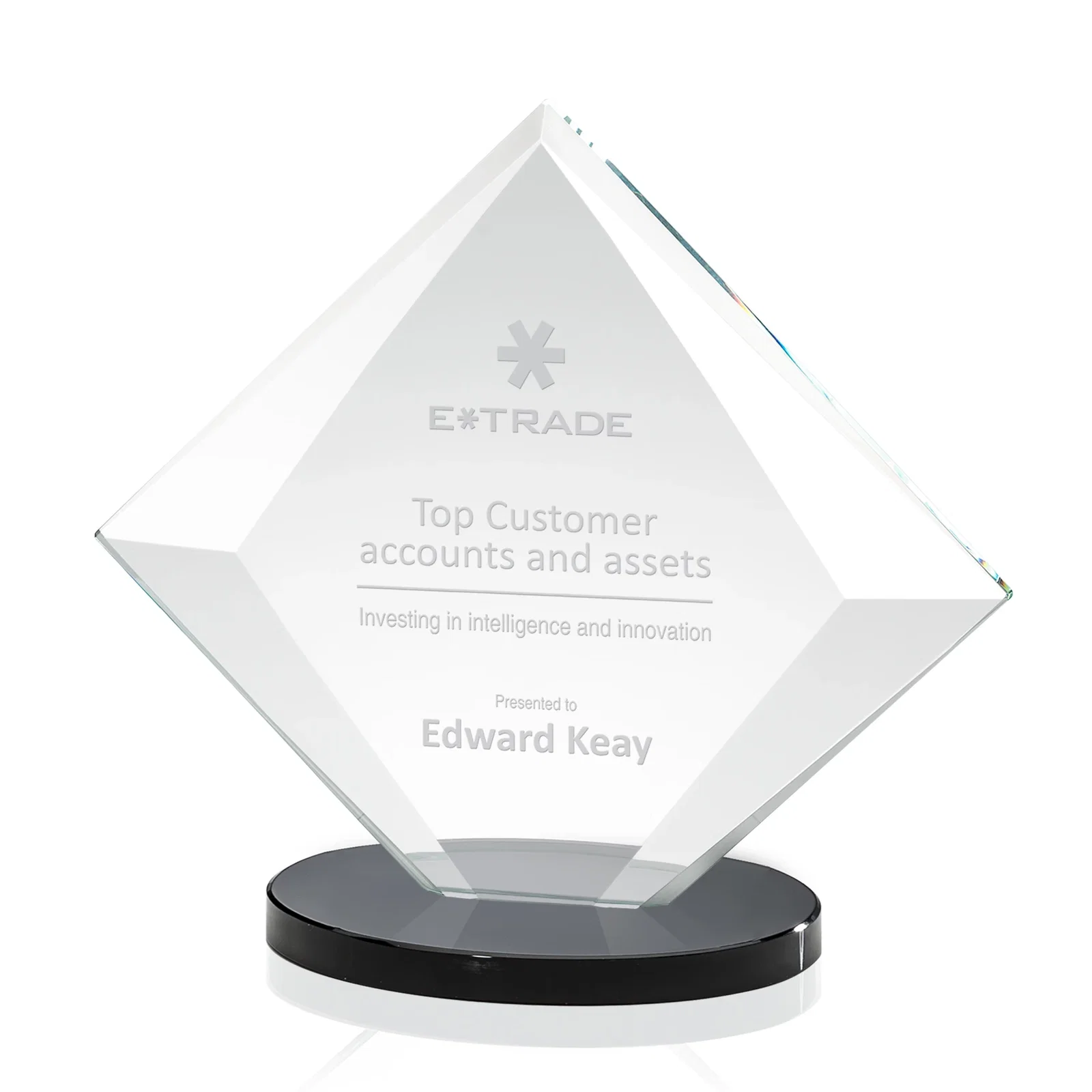 Personalized Starfire Crystal Diamond Award on a Broad-Beveled Round Base for sales achievement awards