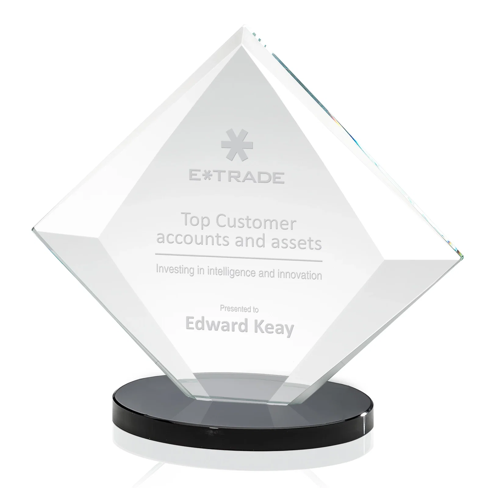 Personalized Starfire Crystal Diamond Award on a Broad-Beveled Round Base for retirement presentations