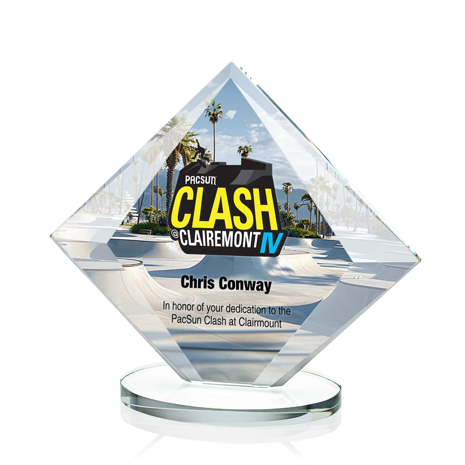Custom Starfire Crystal Diamond Award on a Broad-Beveled Round Base for corporate award ceremonies
