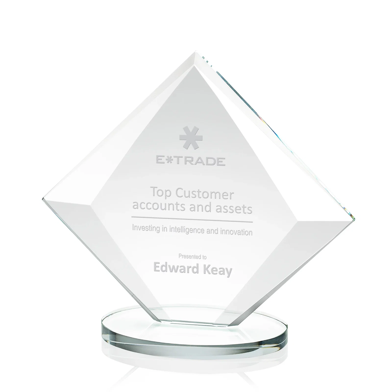 Personalized Starfire Crystal Diamond Award on a Broad-Beveled Round Base for donor appreciation