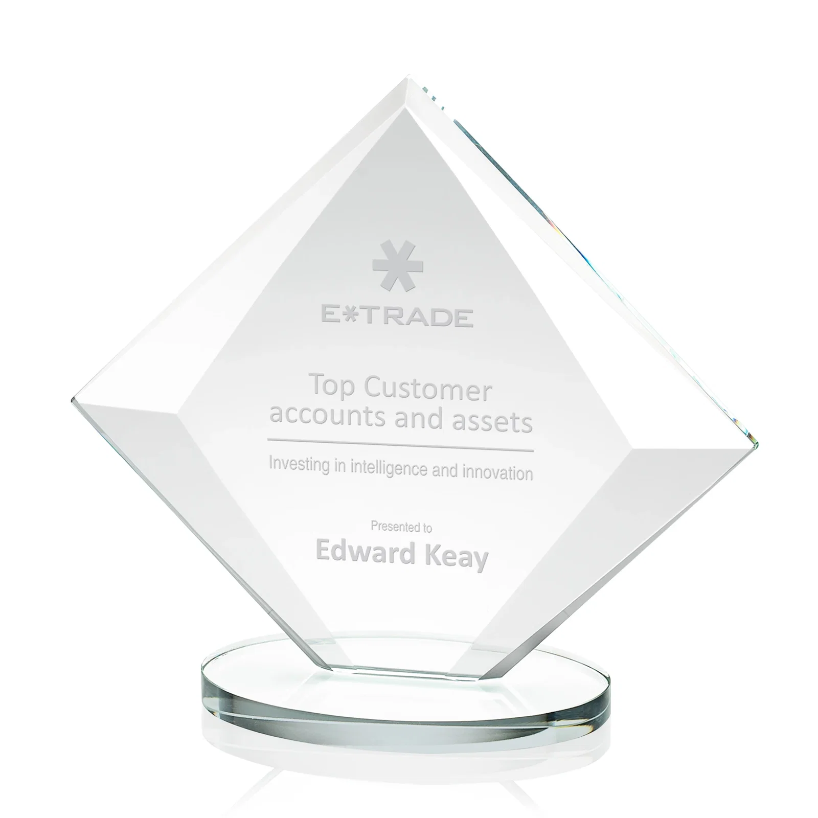 Personalized Starfire Crystal Diamond Award on a Broad-Beveled Round Base for graduation ceremonies