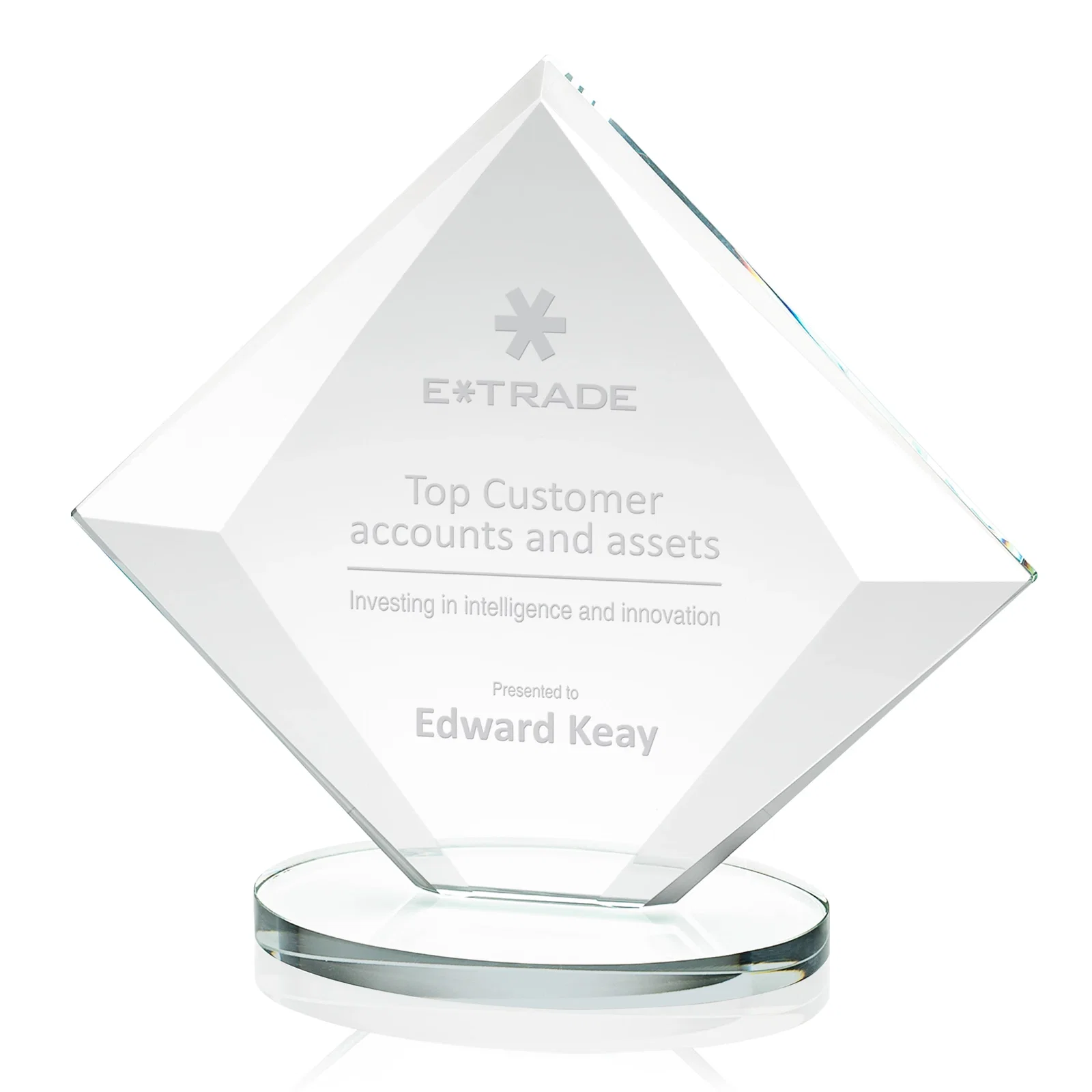 Personalized Starfire Crystal Diamond Award on a Broad-Beveled Round Base for safety achievement programs