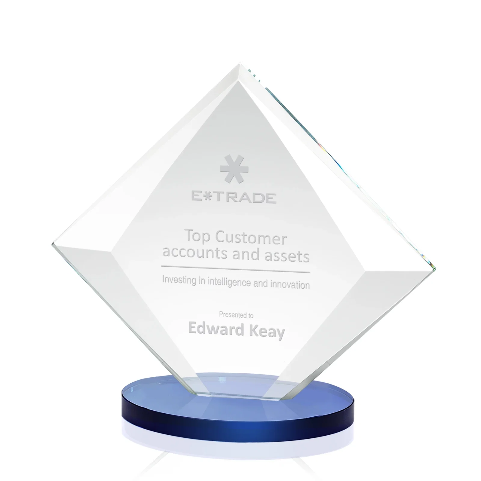 Personalized Starfire Crystal Diamond Award on a Broad-Beveled Round Base for dealer and partner awards