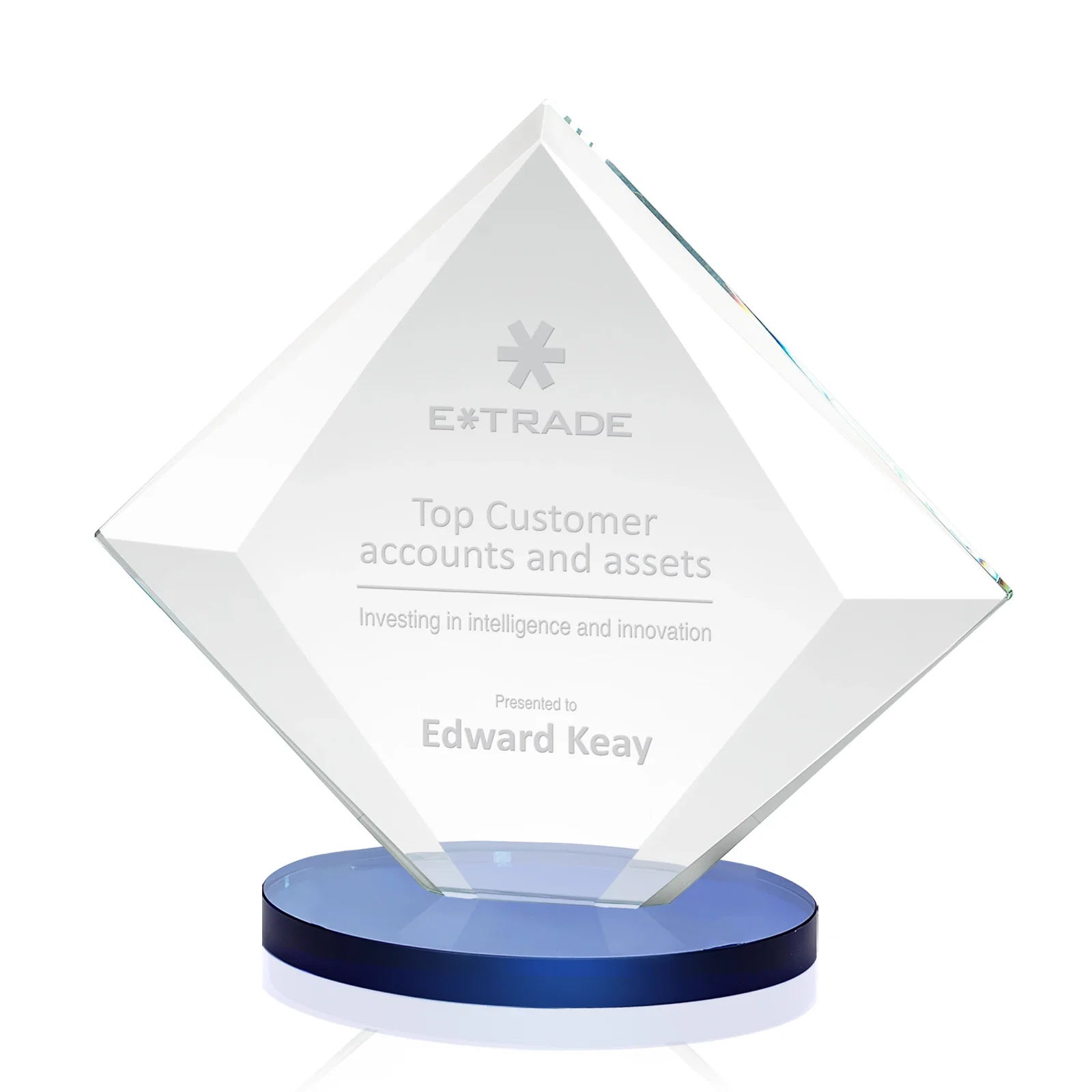 Personalized Starfire Crystal Diamond Award on a Broad-Beveled Round Base for company anniversary events