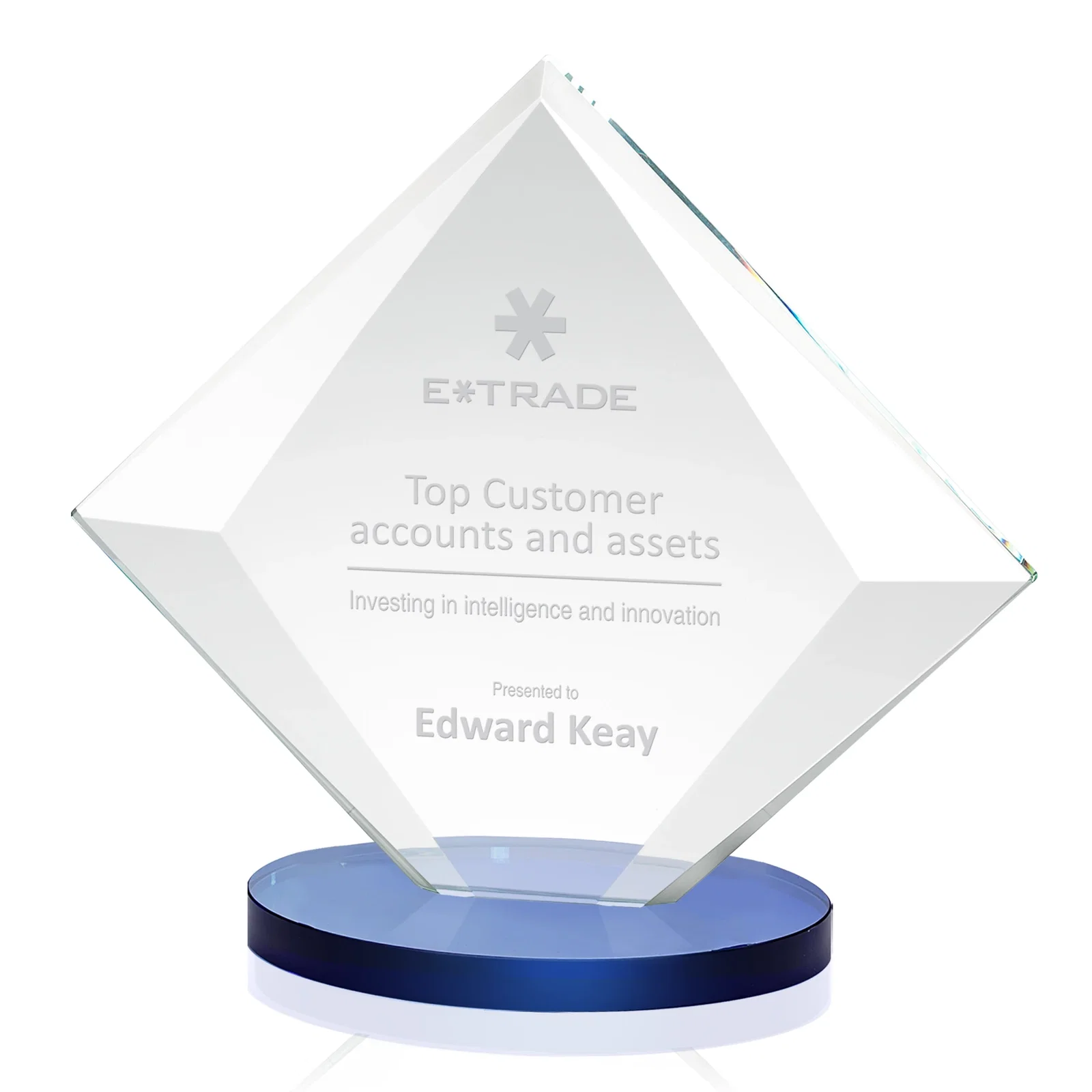 Promotional Starfire Crystal Diamond Award on a Broad-Beveled Round Base for employee recognition