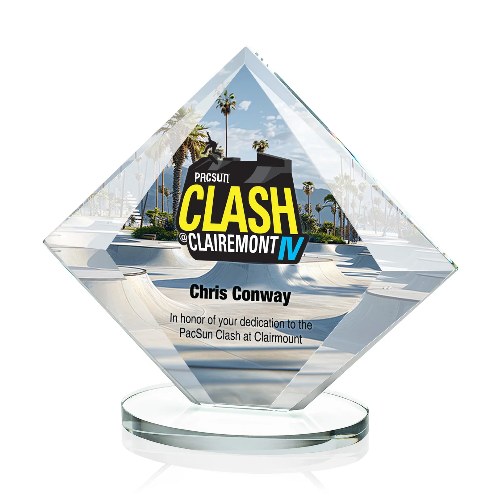 Custom Starfire Crystal Diamond Award on a Broad-Beveled Round Base for service anniversary gifts