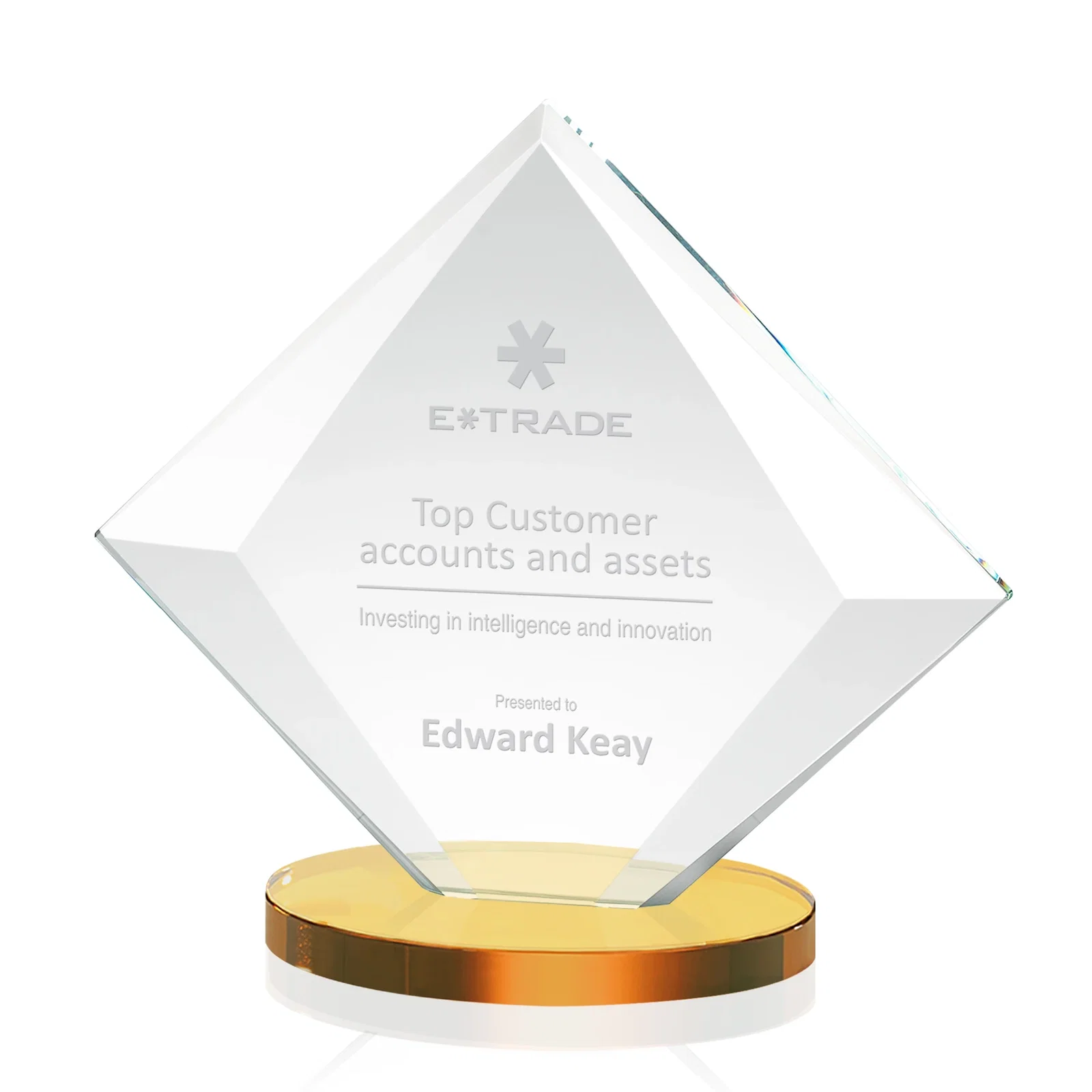 Promotional Starfire Crystal Diamond Award on a Broad-Beveled Round Base for sales achievement awards