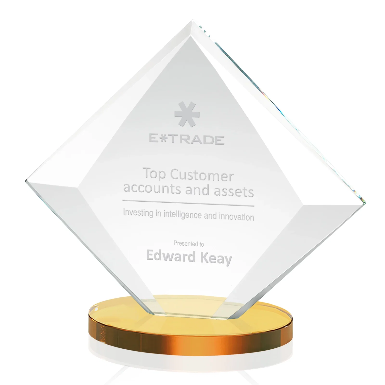 Promotional Starfire Crystal Diamond Award on a Broad-Beveled Round Base for retirement presentations