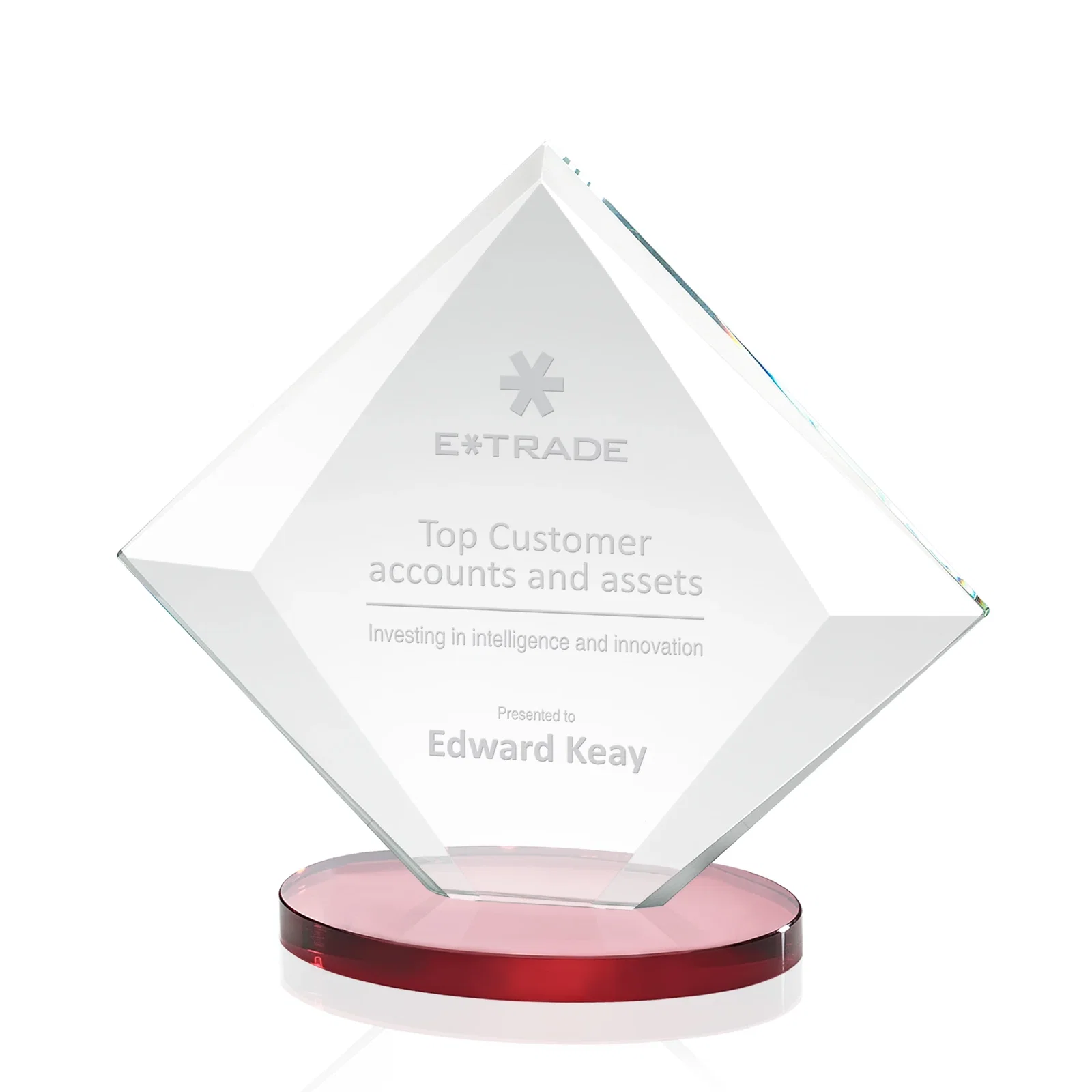 Promotional Starfire Crystal Diamond Award on a Broad-Beveled Round Base for donor appreciation