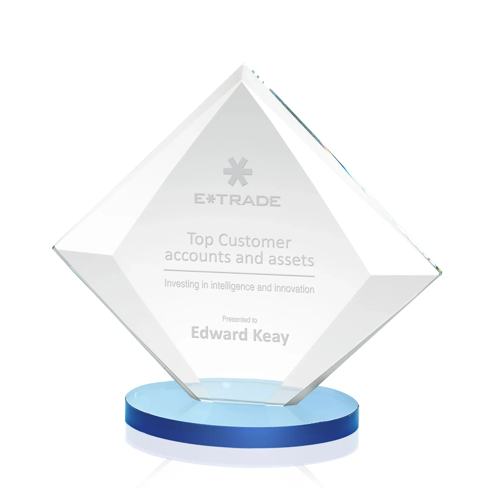 Promotional Starfire Crystal Diamond Award on a Broad-Beveled Round Base for dealer and partner awards