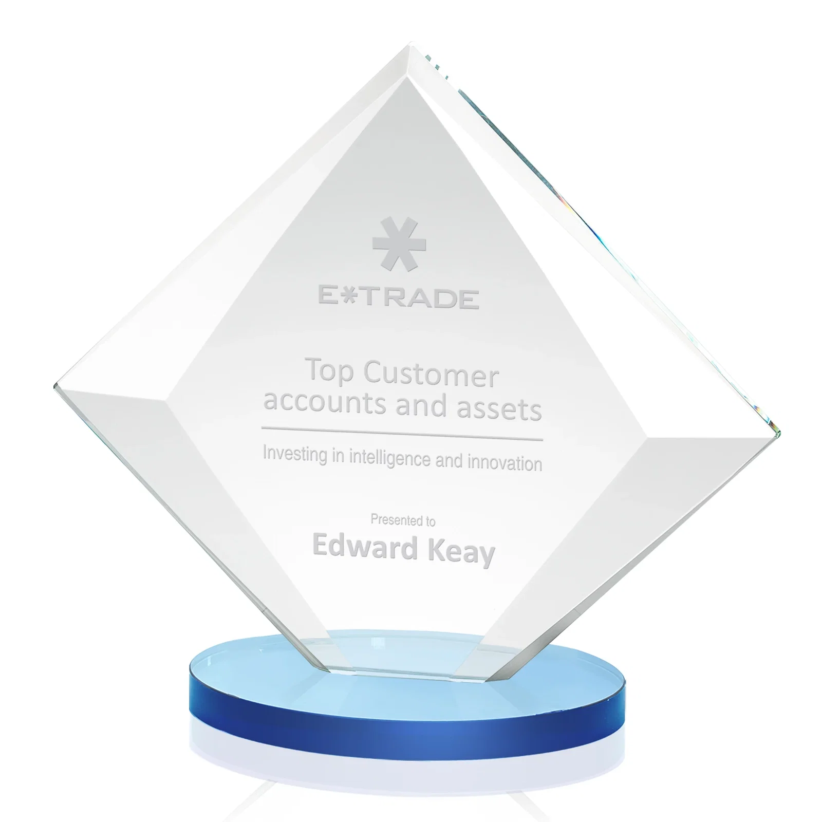 Branded Starfire Crystal Diamond Award on a Broad-Beveled Round Base for employee recognition