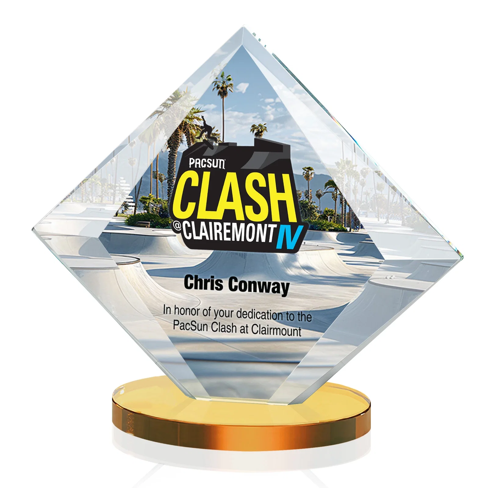Branded Starfire Crystal Diamond Award on a Broad-Beveled Round Base for retirement presentations