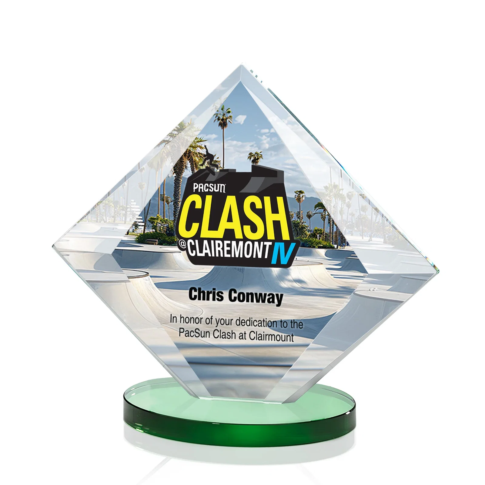 Branded Starfire Crystal Diamond Award on a Broad-Beveled Round Base for donor appreciation