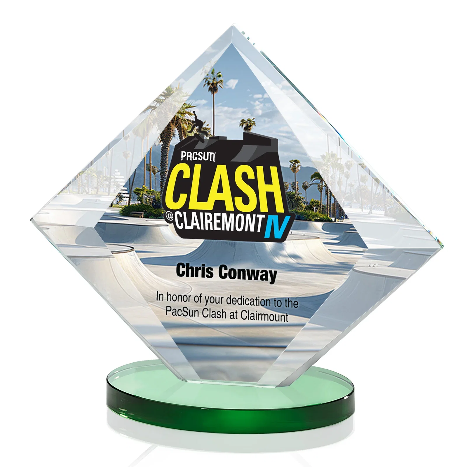 Branded Starfire Crystal Diamond Award on a Broad-Beveled Round Base for safety achievement programs