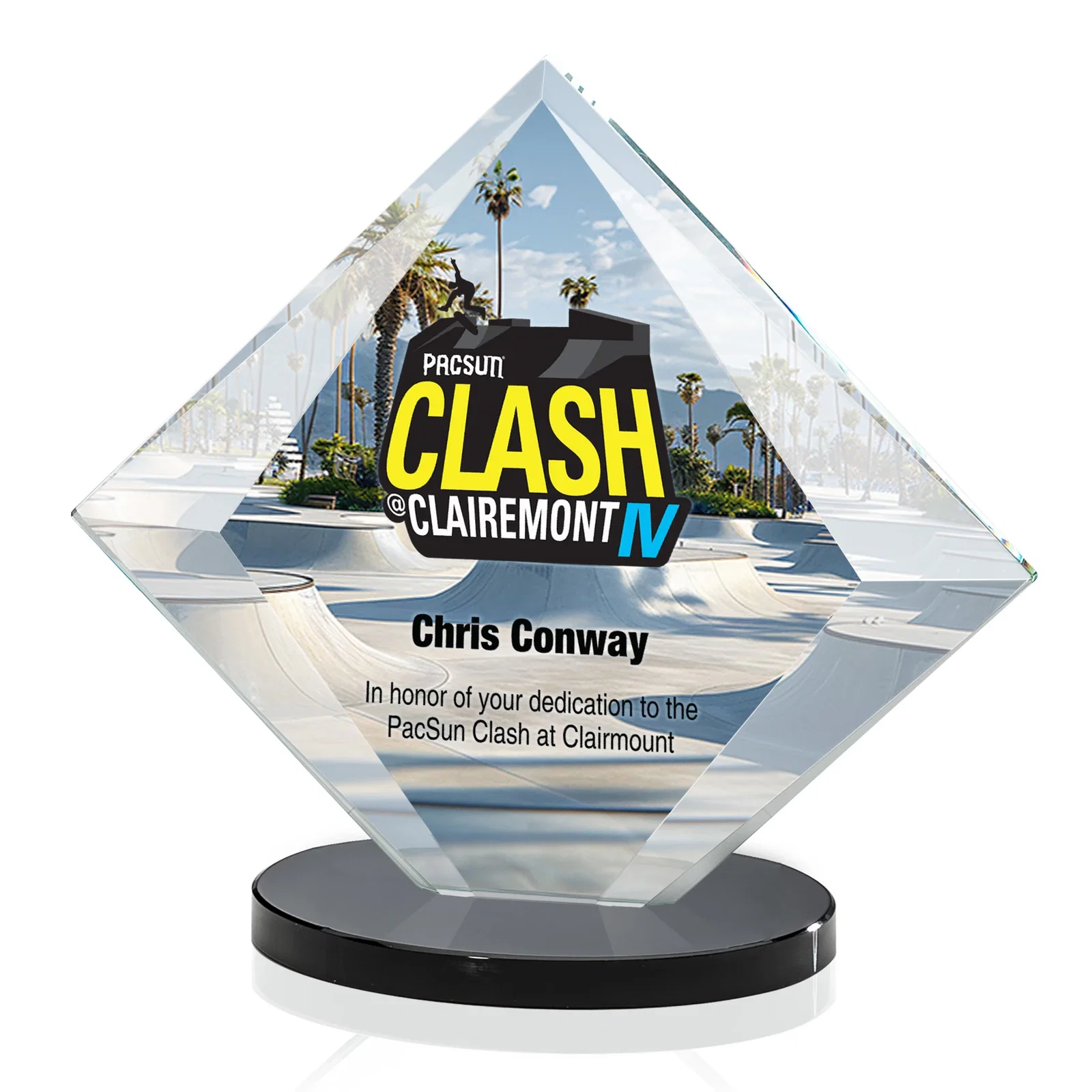 Custom printed Starfire Crystal Diamond Award on a Broad-Beveled Round Base for employee recognition