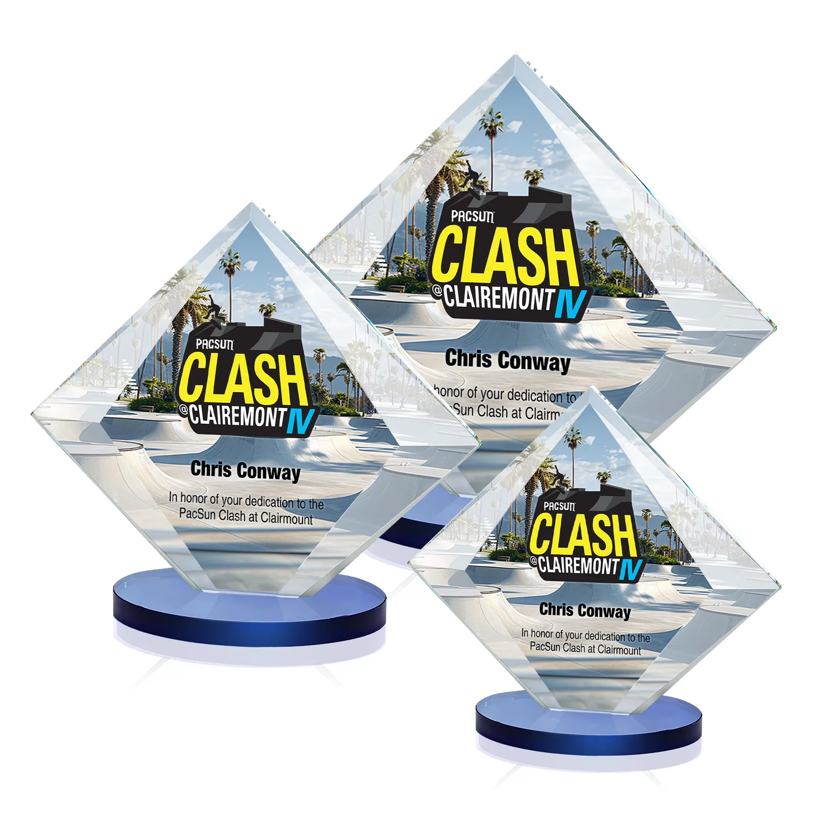 Custom printed Starfire Crystal Diamond Award on a Broad-Beveled Round Base for corporate award ceremonies