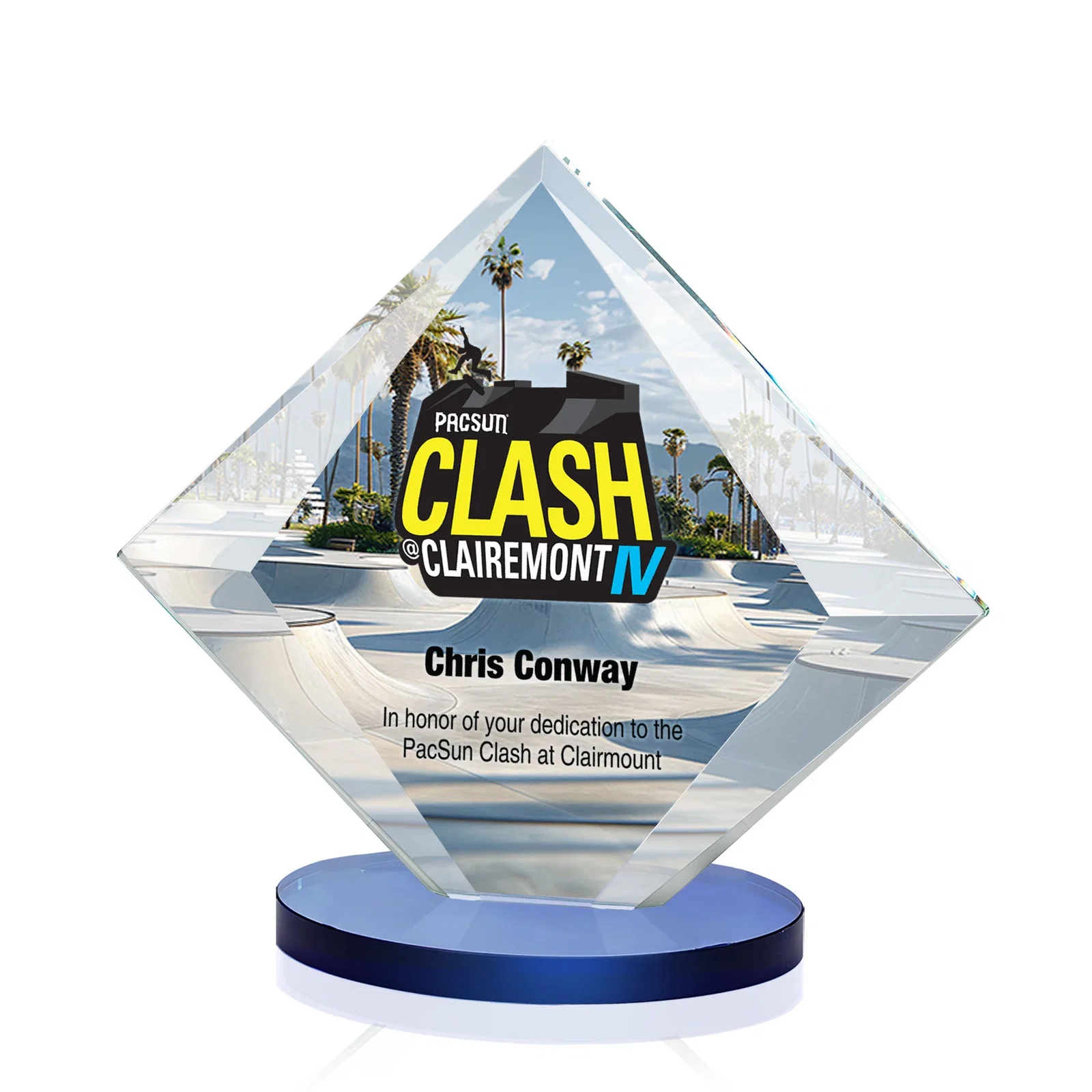 Custom printed Starfire Crystal Diamond Award on a Broad-Beveled Round Base for service anniversary gifts
