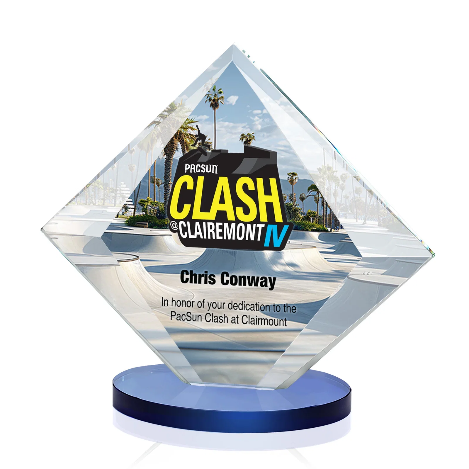 Custom printed Starfire Crystal Diamond Award on a Broad-Beveled Round Base for sales achievement awards